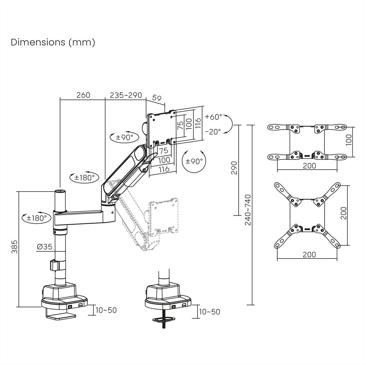 Roline Schwerlast-LCD-Arm, Trägerstange, 4 Gelenke, Tischmontage, bis 27 kg, schwarz