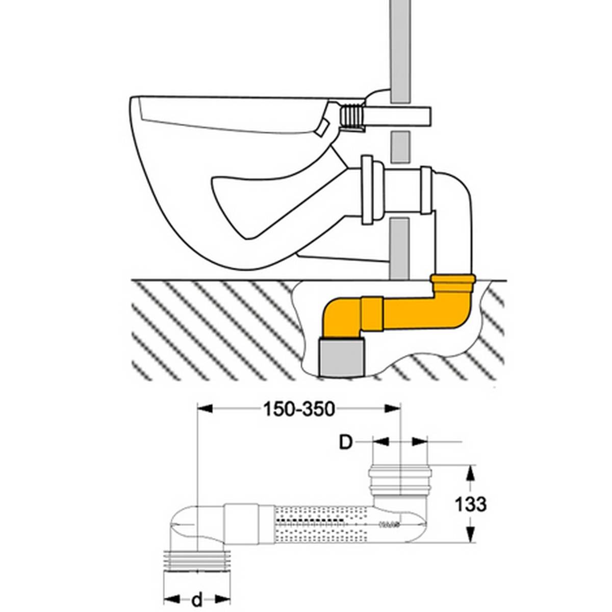 Haas WC-Versprungbogen waagerecht DN 90/110, einstellbar 15–35 cm, Einbauhöhe 80 mm