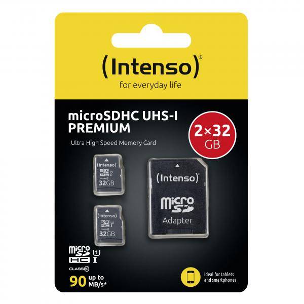 Intenso Doppelpack microSDHC 32GB UHS-I Premium inkl. SD-Adapter - High Capacity SD (MicroSDHC), 32
