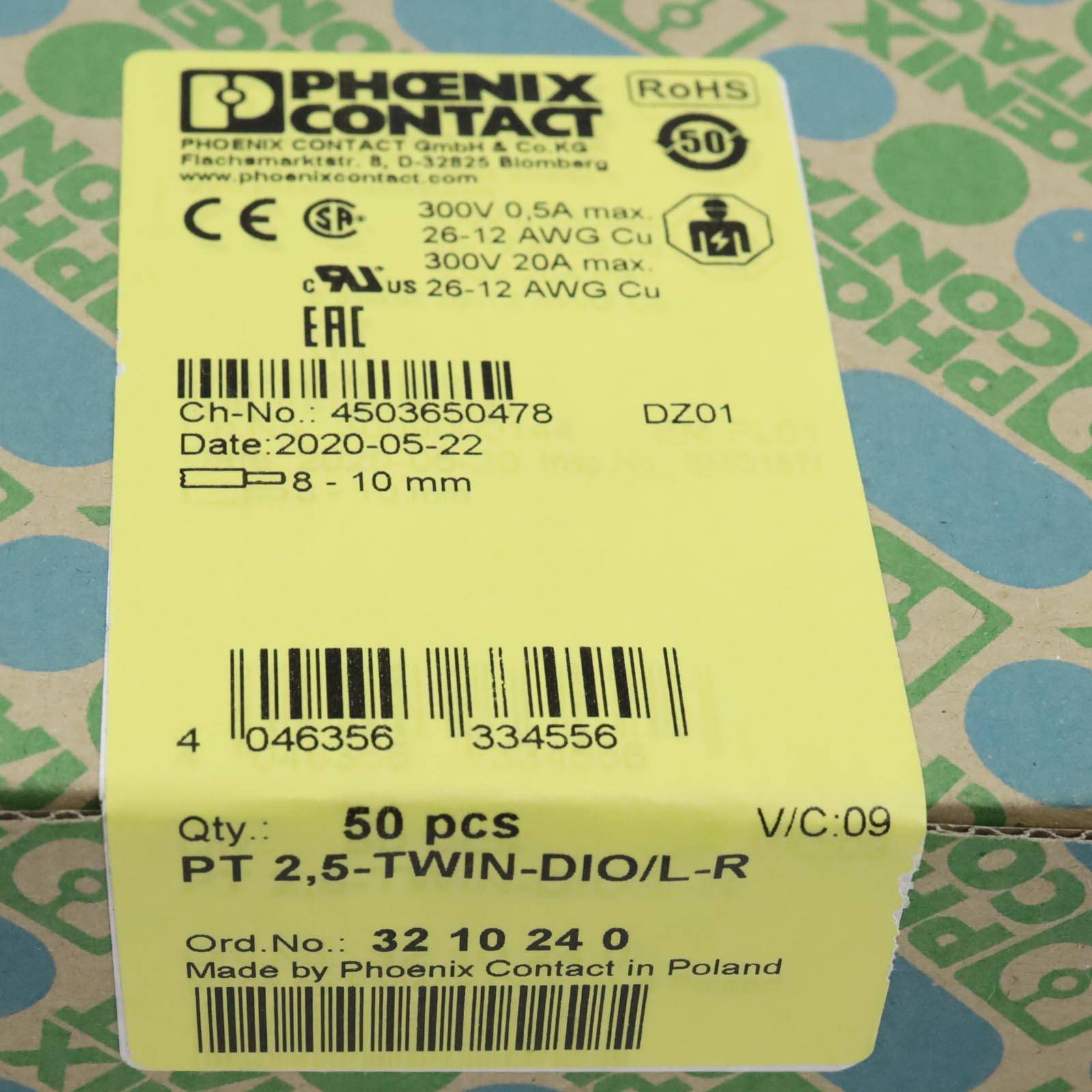 3210240 Phoenix Contact Diodenklemme PT 2,5-TWIN-DIO/L-R mit eingebauter Diode, Push-In-Anschluss Nennspannung 800V