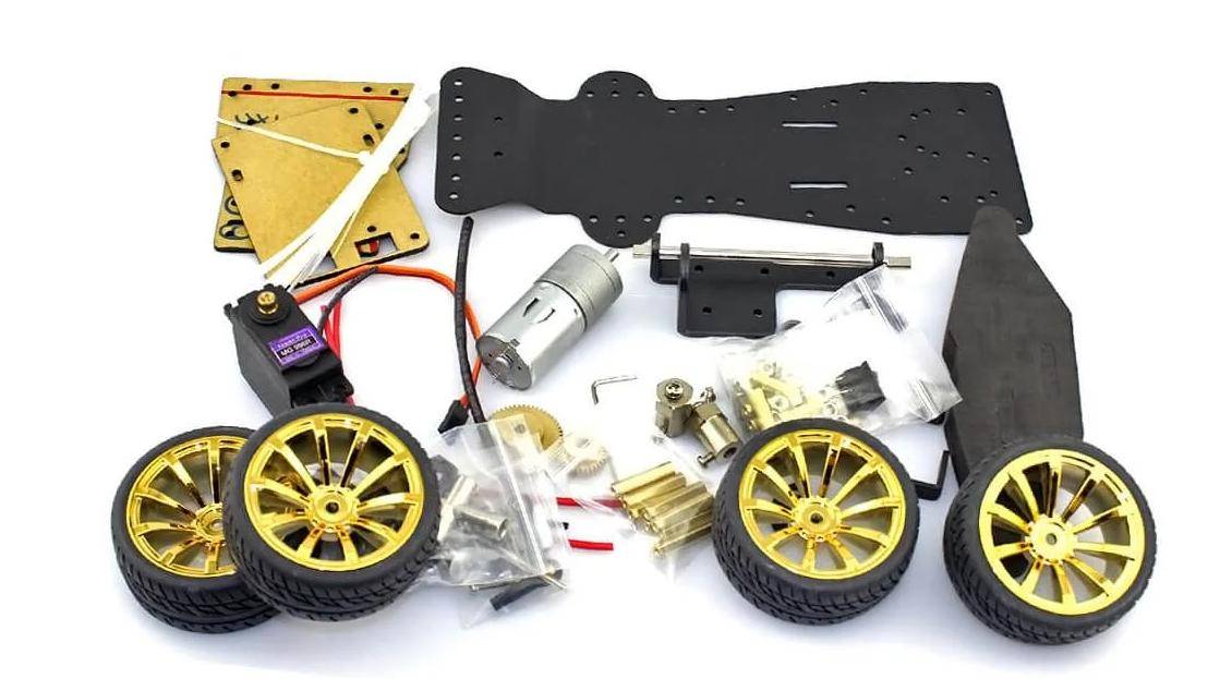 Elecrow 4-Rad-Chassis Set, servogesteuerte Lenkung, Metallgetriebe, Motor, für Arduino, 142-teilig