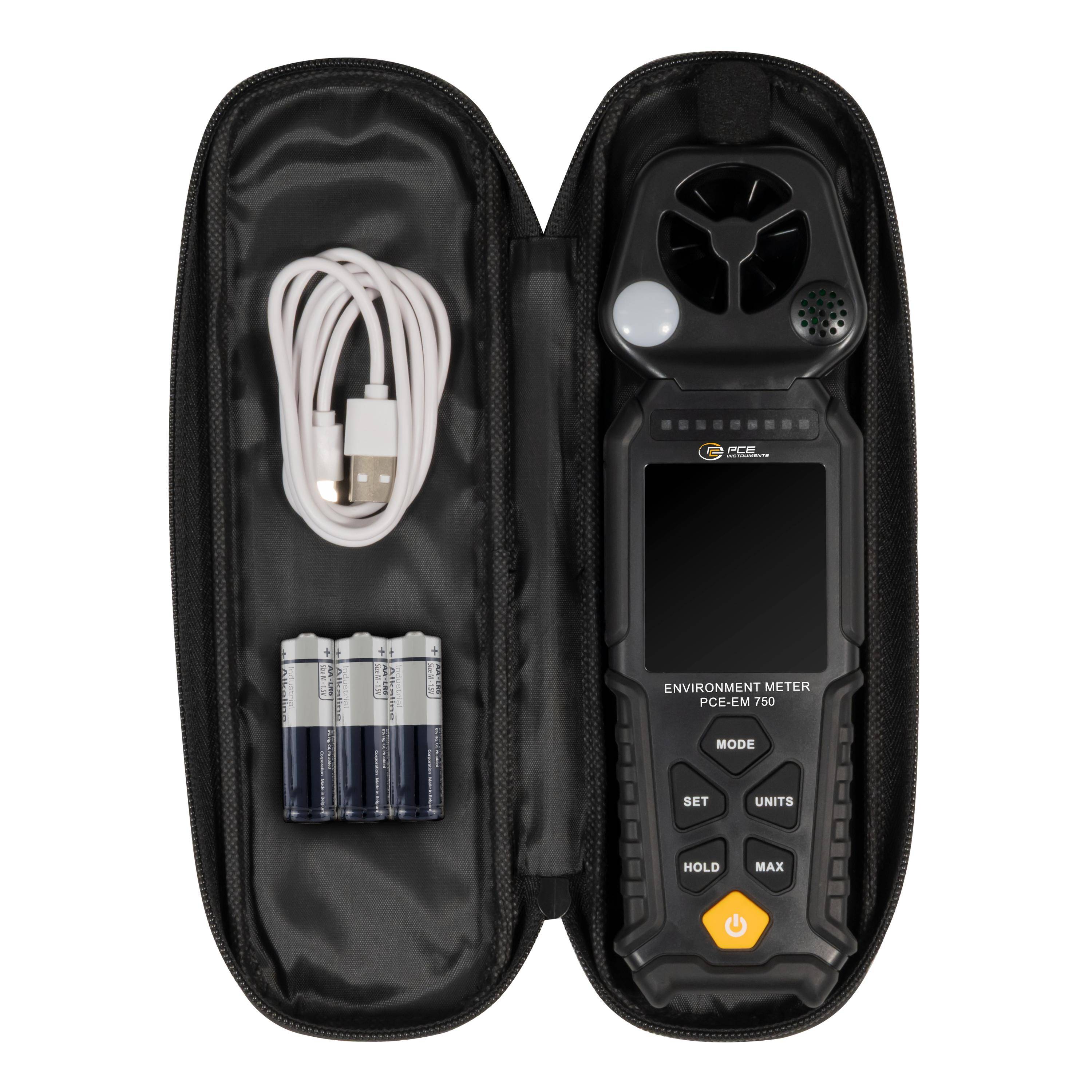 PCE Instruments Umweltmessgerät PCE-EM 750 |6 in 1 |Schallpegel |Lichtstärke |Windgeschwindigkeit |Volumenstrom |Feuchte