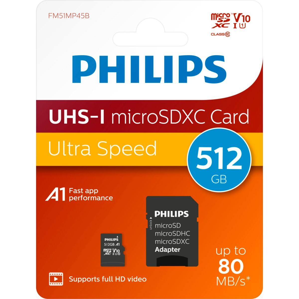 Philips FM51MP45B/00, 512 GB, MicroSDHC, Klasse 10, UHS-I, 80 MB/s, 30 MB/s