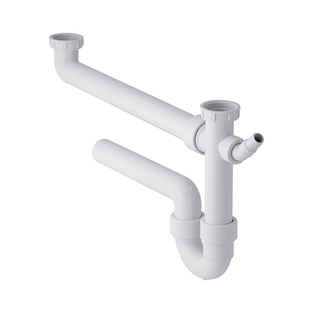 Geberit Siphon Rohrbogengeruchsverschluss für 2 Spülbecken Winkelschlauchtülle extralang Abgang horizontal D 40mm,