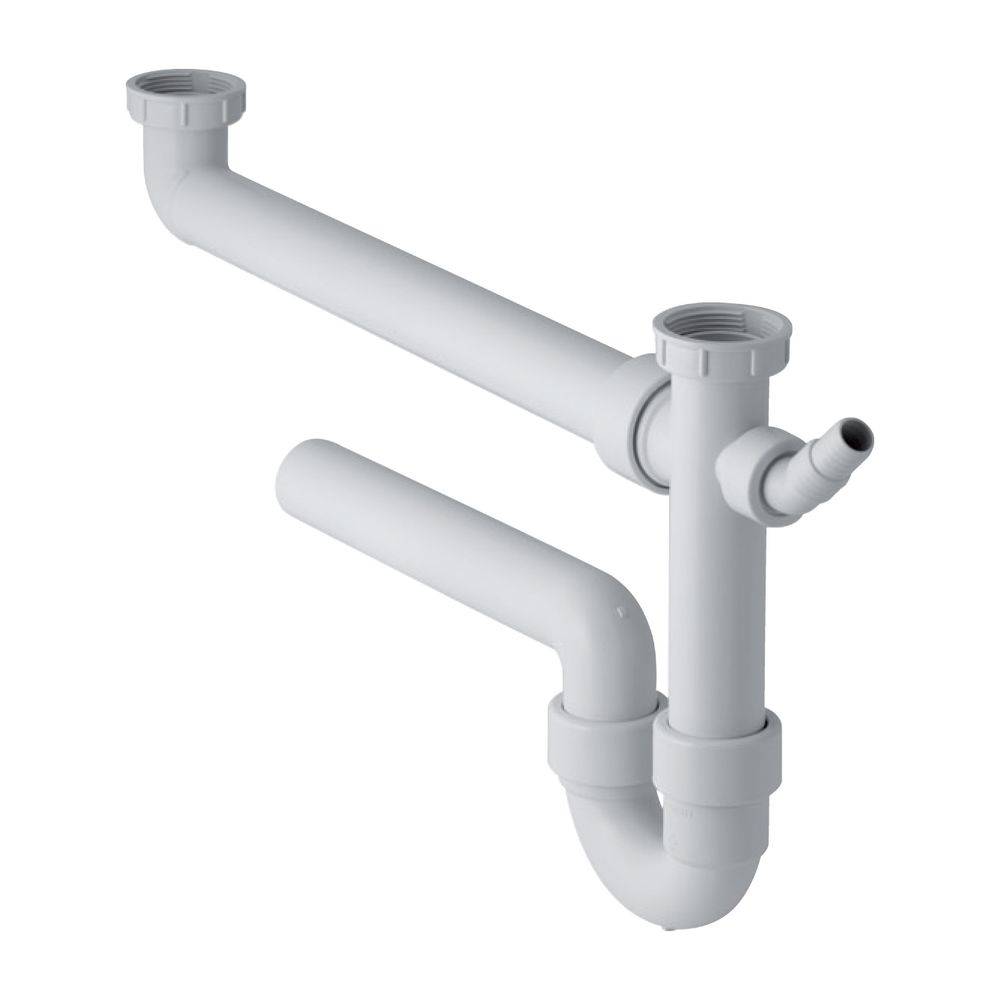 Geberit Siphon Rohrbogengeruchsverschluss für 2 Spülbecken Winkelschlauchtülle extralang Abgang horizontal D 40mm,