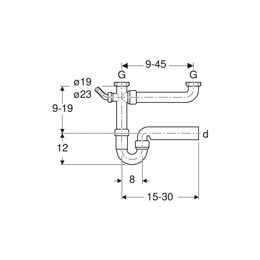 Geberit Siphon Rohrbogengeruchsverschluss für 2 Spülbecken Winkelschlauchtülle extralang Abgang horizontal D 40mm,