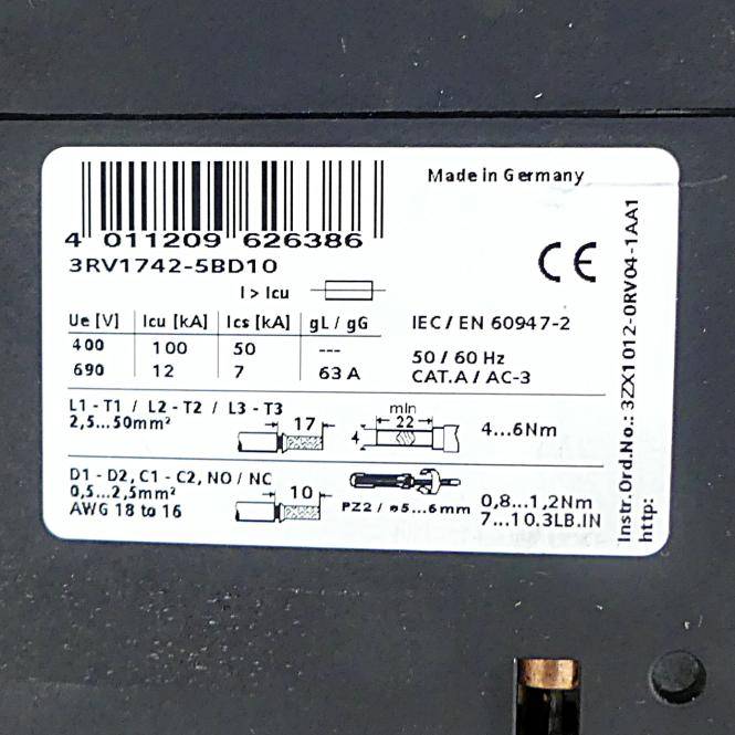 Siemens Indus.Sector Leistungsschalter für Anlagenschutz 3RV1742-5BD10