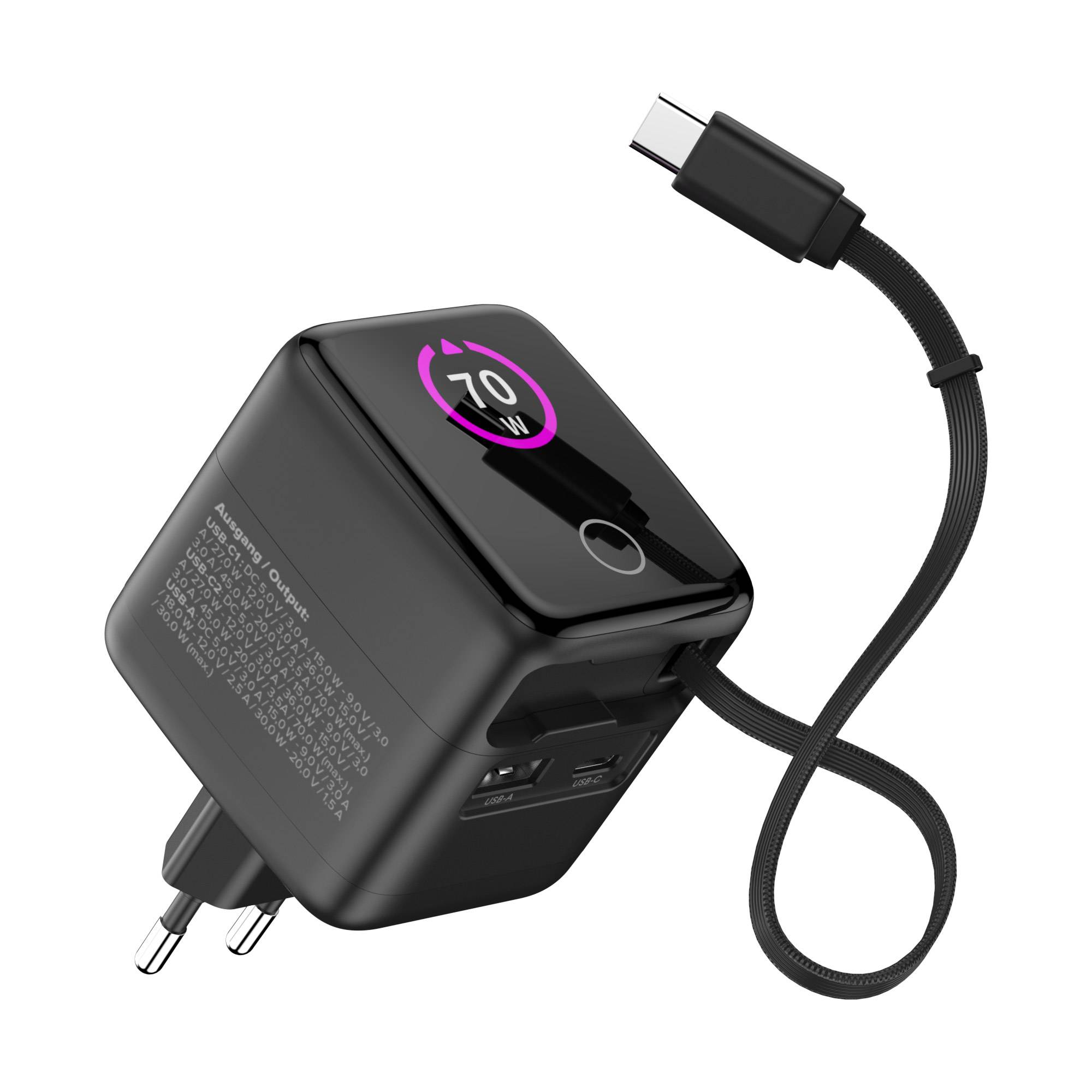 InLine® USB Netzteil, 70W, GaN, USB-C PD + USB-A QC, Kabel 60cm, schwarz Strom / Energie / Licht