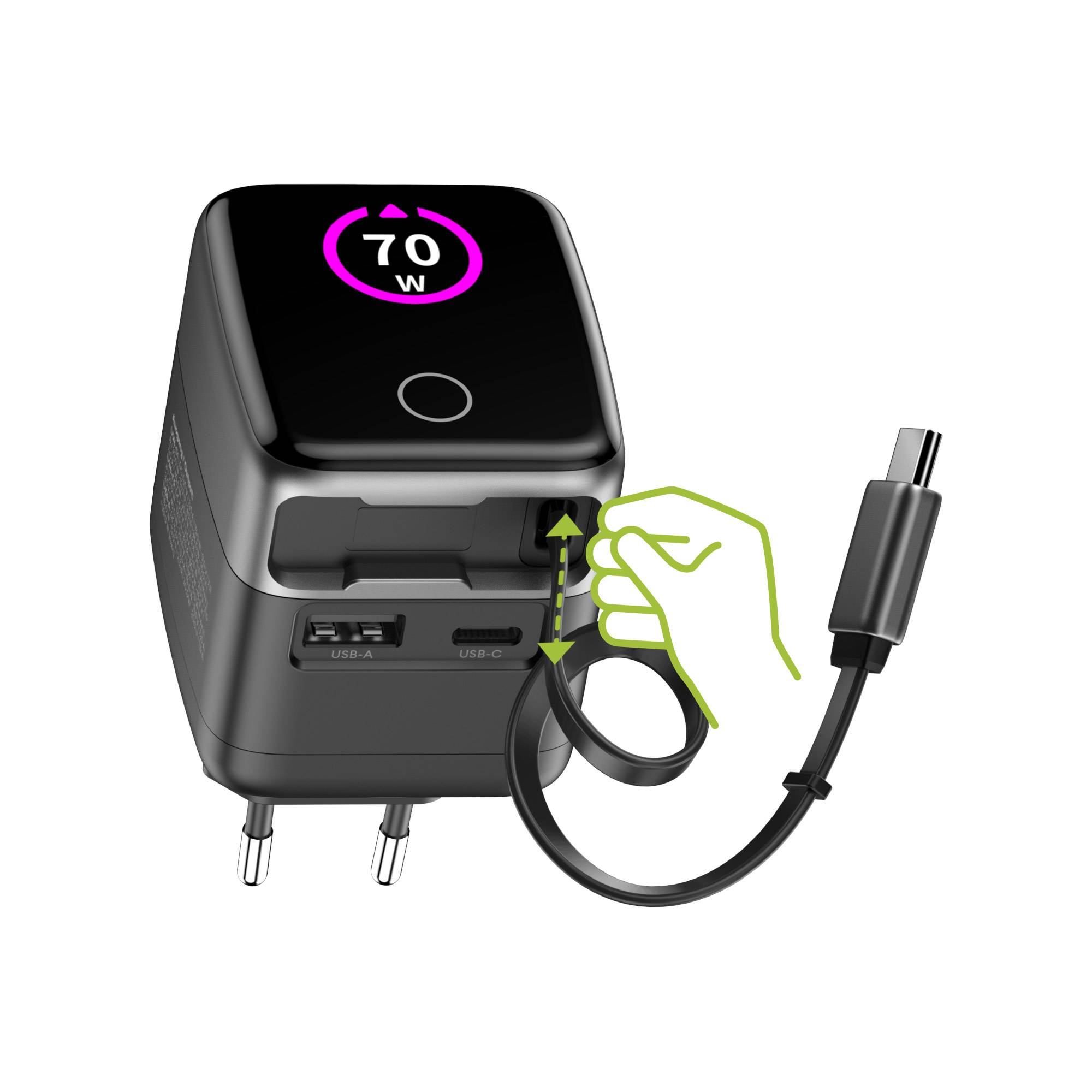 InLine® USB Netzteil, 70W, GaN, USB-C PD + USB-A QC, Kabel 60cm, schwarz Strom / Energie / Licht