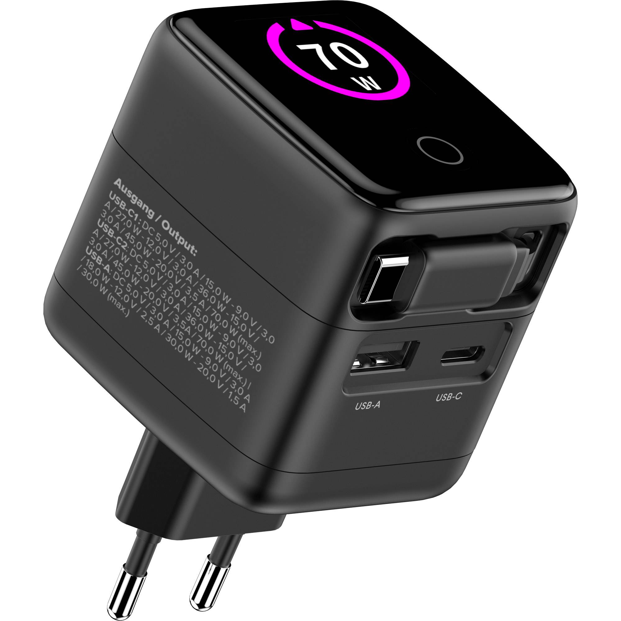 InLine® USB Netzteil, 70W, GaN, USB-C PD + USB-A QC, Kabel 60cm, schwarz Strom / Energie / Licht