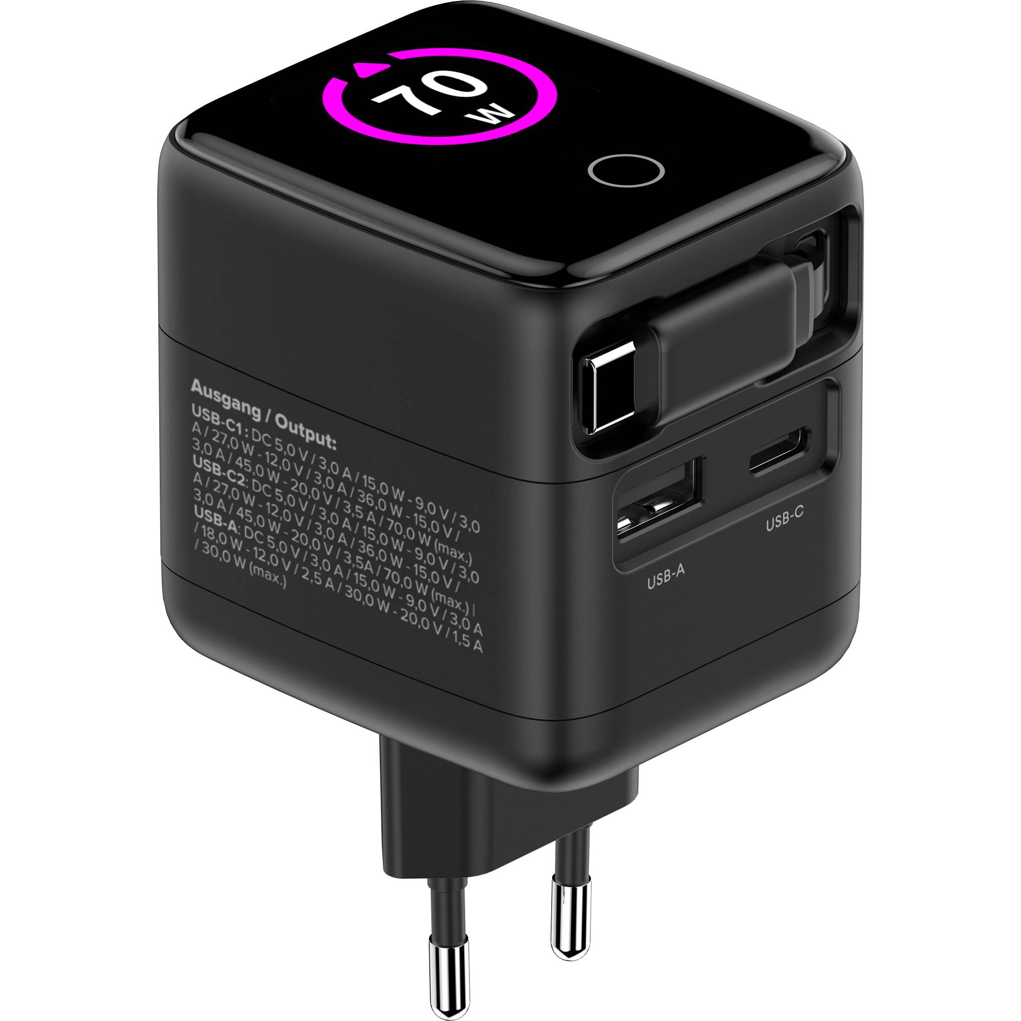 InLine® USB Netzteil, 70W, GaN, USB-C PD + USB-A QC, Kabel 60cm, schwarz Strom / Energie / Licht