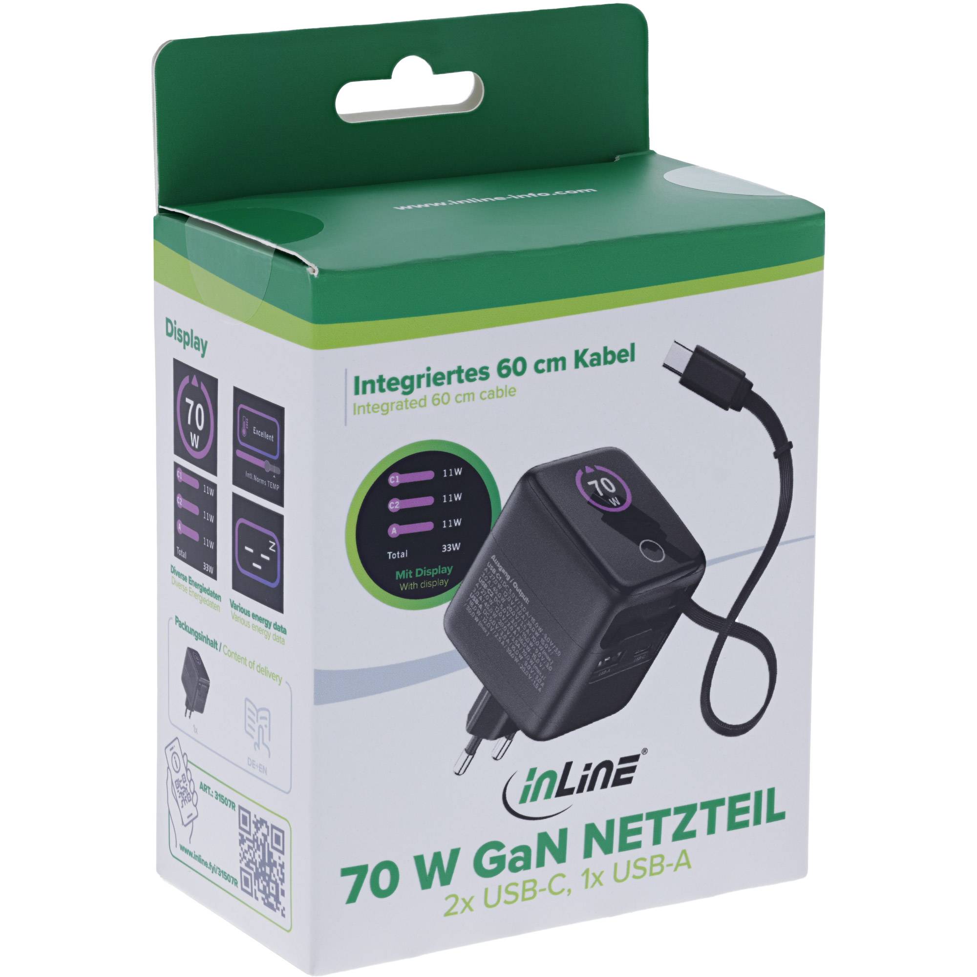 InLine® USB Netzteil, 70W, GaN, USB-C PD + USB-A QC, Kabel 60cm, schwarz Strom / Energie / Licht