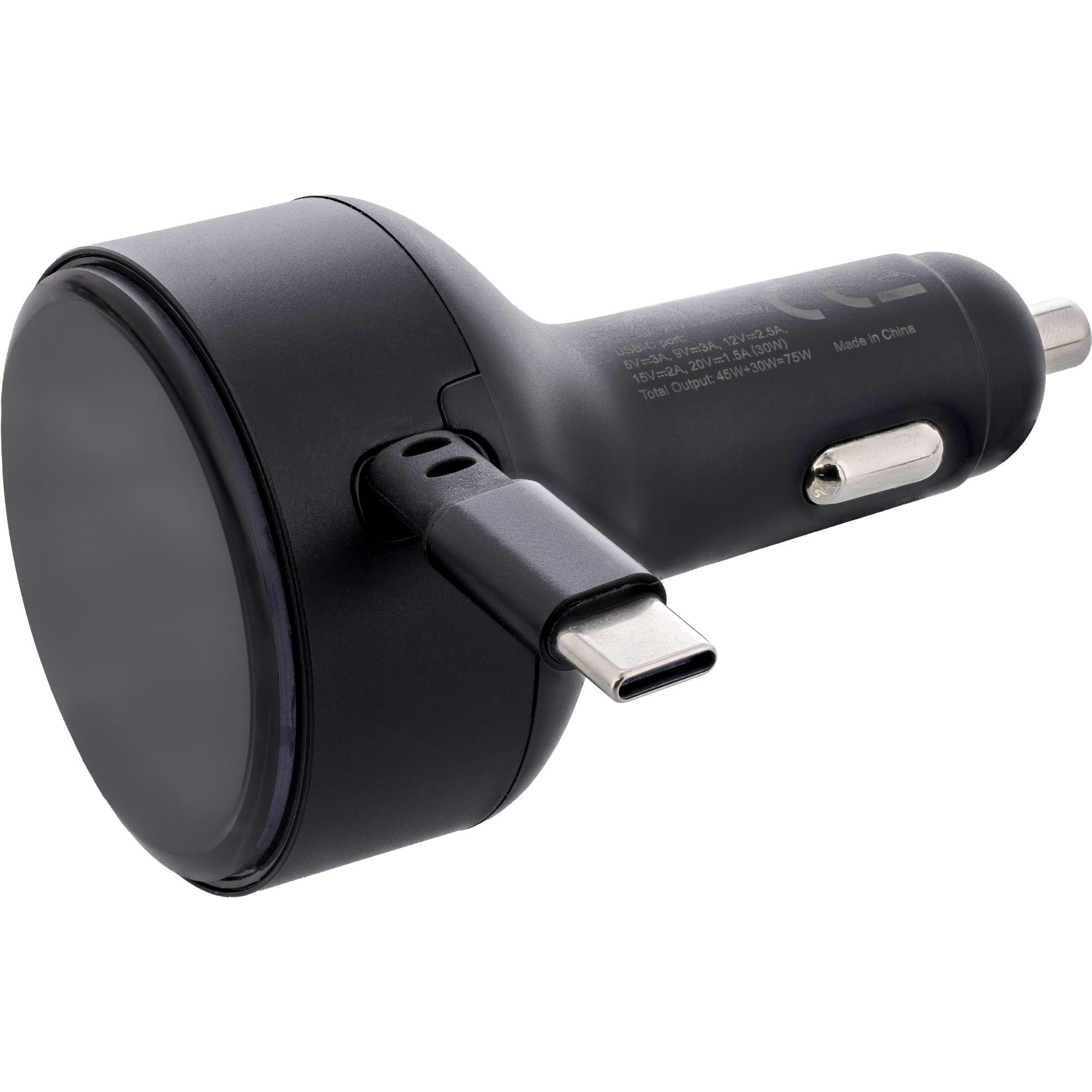 InLine® Dual USB-C KFZ Stromadapter 12/24V, ausziehbares Kabel + Buchse, 75W Strom / Energie / USB