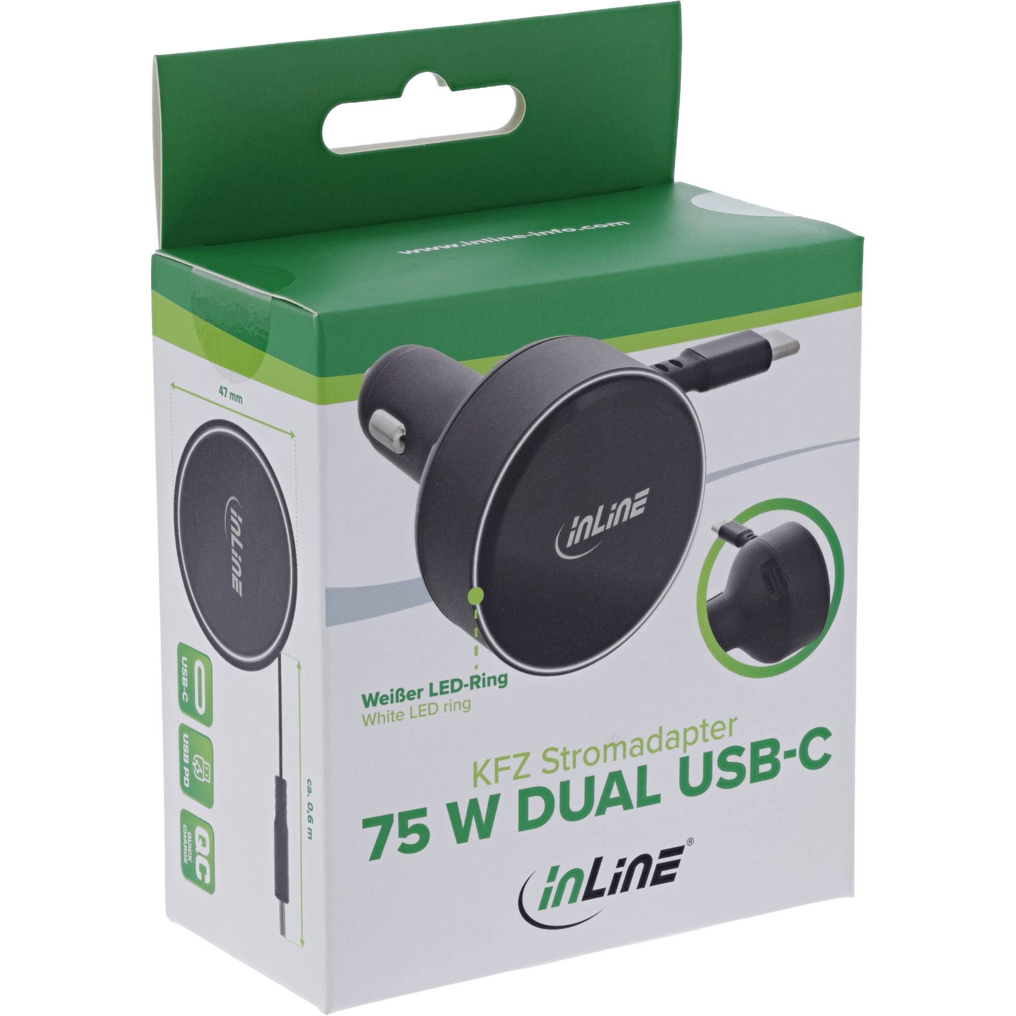 InLine® Dual USB-C KFZ Stromadapter 12/24V, ausziehbares Kabel + Buchse, 75W Strom / Energie / USB