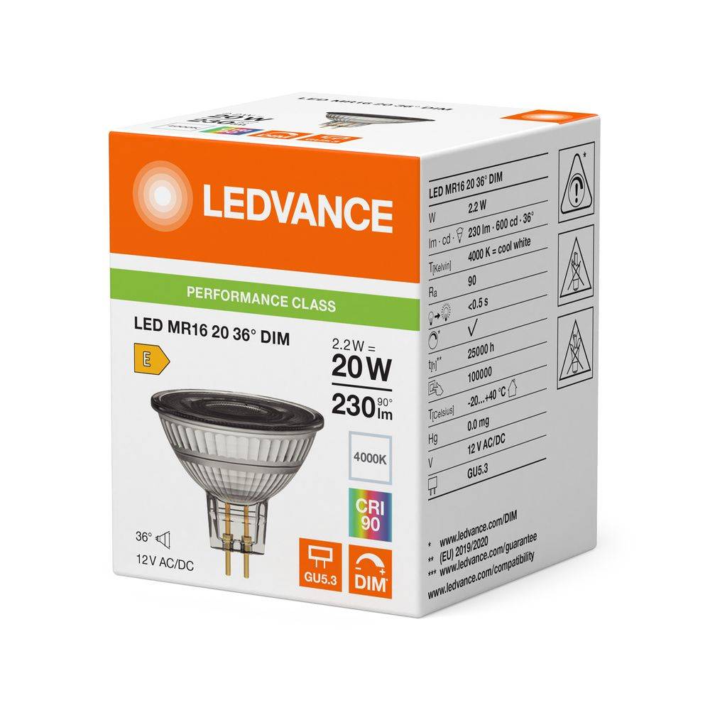 LEDV LED Reflektor 2,2-20W/940 dimmbar MR16 12V GU5,3 36° 25000h EEK E Leuchtmittel LED LED