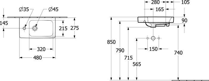 VB Handwaschbecken Architectura 480x275 mm re-eckig BP re 1HL. m. ÜL. Weiß Alpin