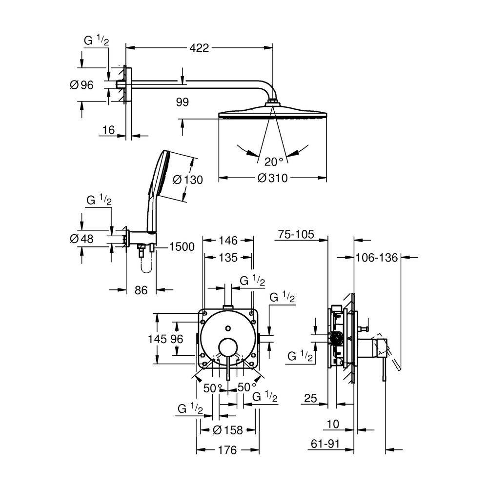 Grohe Essence UP-Duschsystem mit UP-Einhandmischer, 2-Wege-Umstellung, Rapido SmartBox, Rainshower Mono 310, Cool