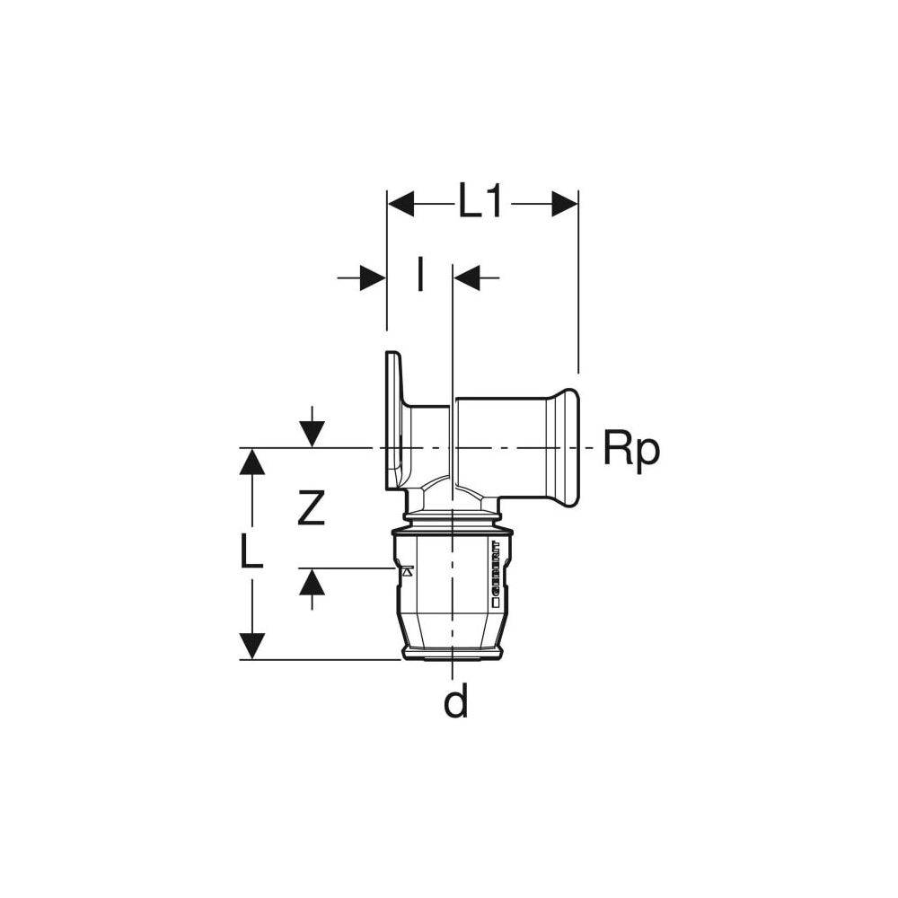 Geberit PushFit Anschlusswinkel 90 Grad CW617N, d 16mm, Rp 1/2″, L1 3,6cm