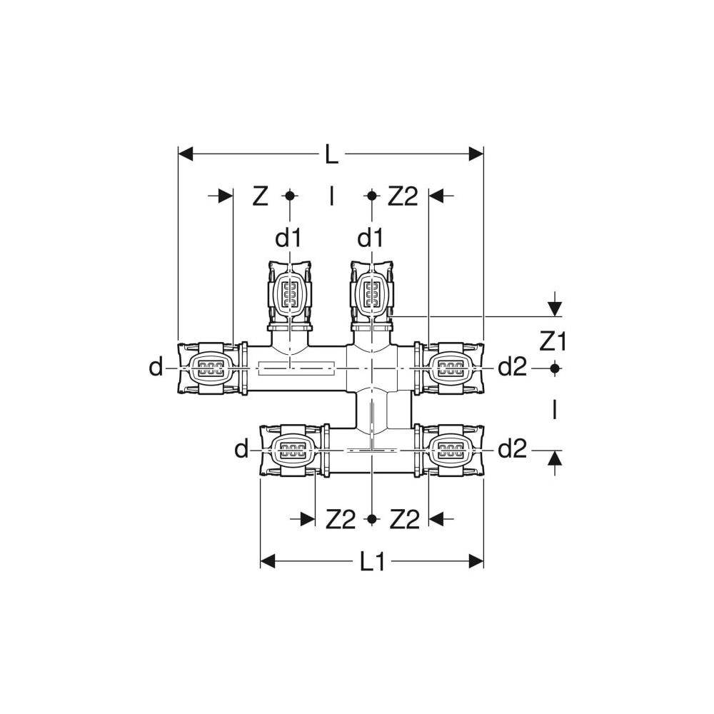 Geberit FlowFit Kreuzungs-T-Stück mit Dämmbox bleifreie Siliziumbronze, D 25mm, D1 16mm, D2 20mm