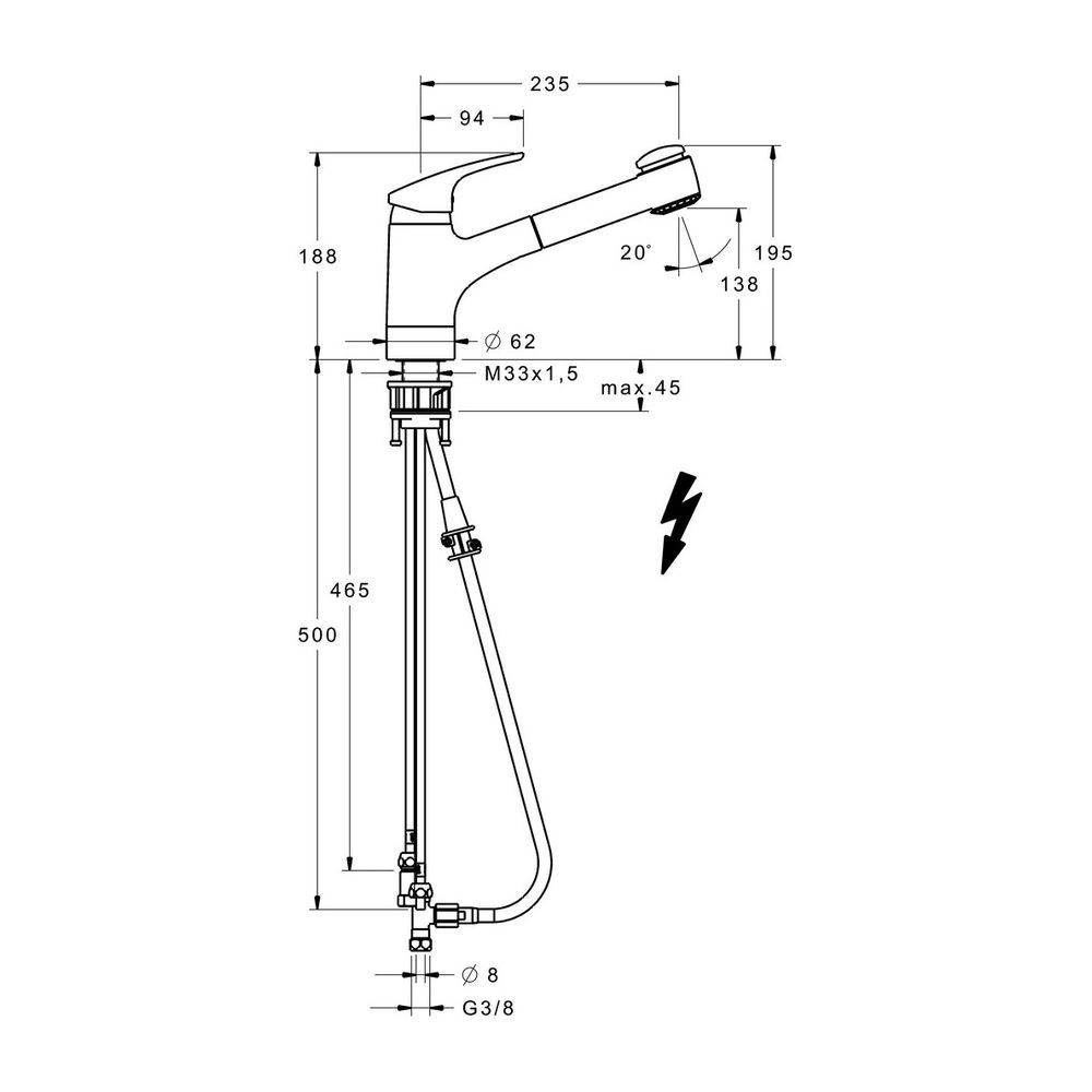Hansa Mix Einhebelmischer Küchenarmatur, Niederdruck 0136 Kupferrohr 2-strahlig Ausladung 235mm DN15 Chrom