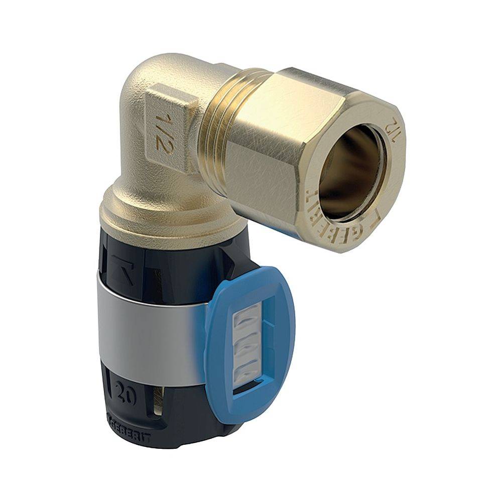 Geberit FlowFit Übergangswinkel 90 Grad mit Klemmringverschraubung, D 20mm, D1 15mm, Rotguss bleifrei