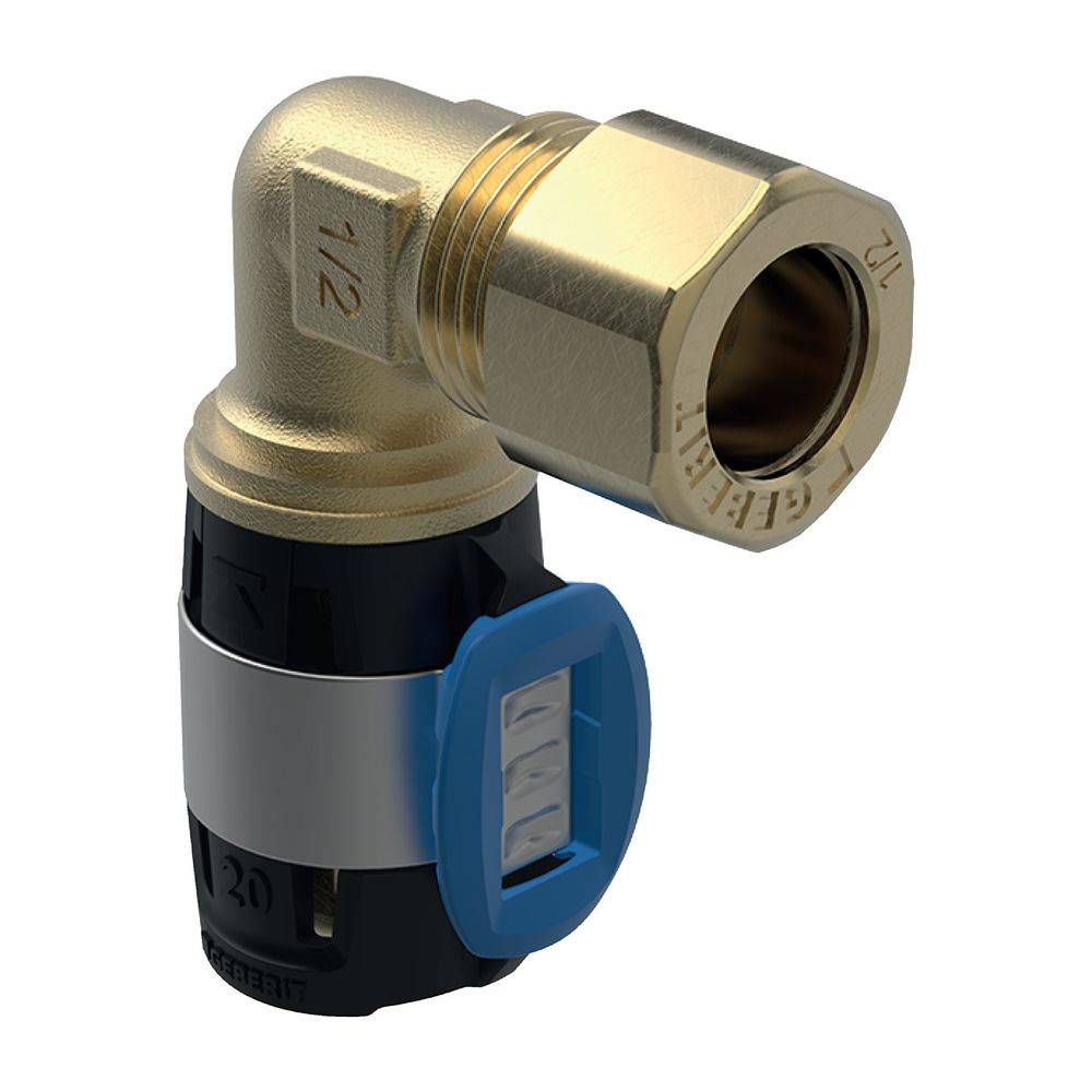 Geberit FlowFit Übergangswinkel 90 Grad mit Klemmringverschraubung, D 16mm, D1 12mm, Rotguss bleifrei