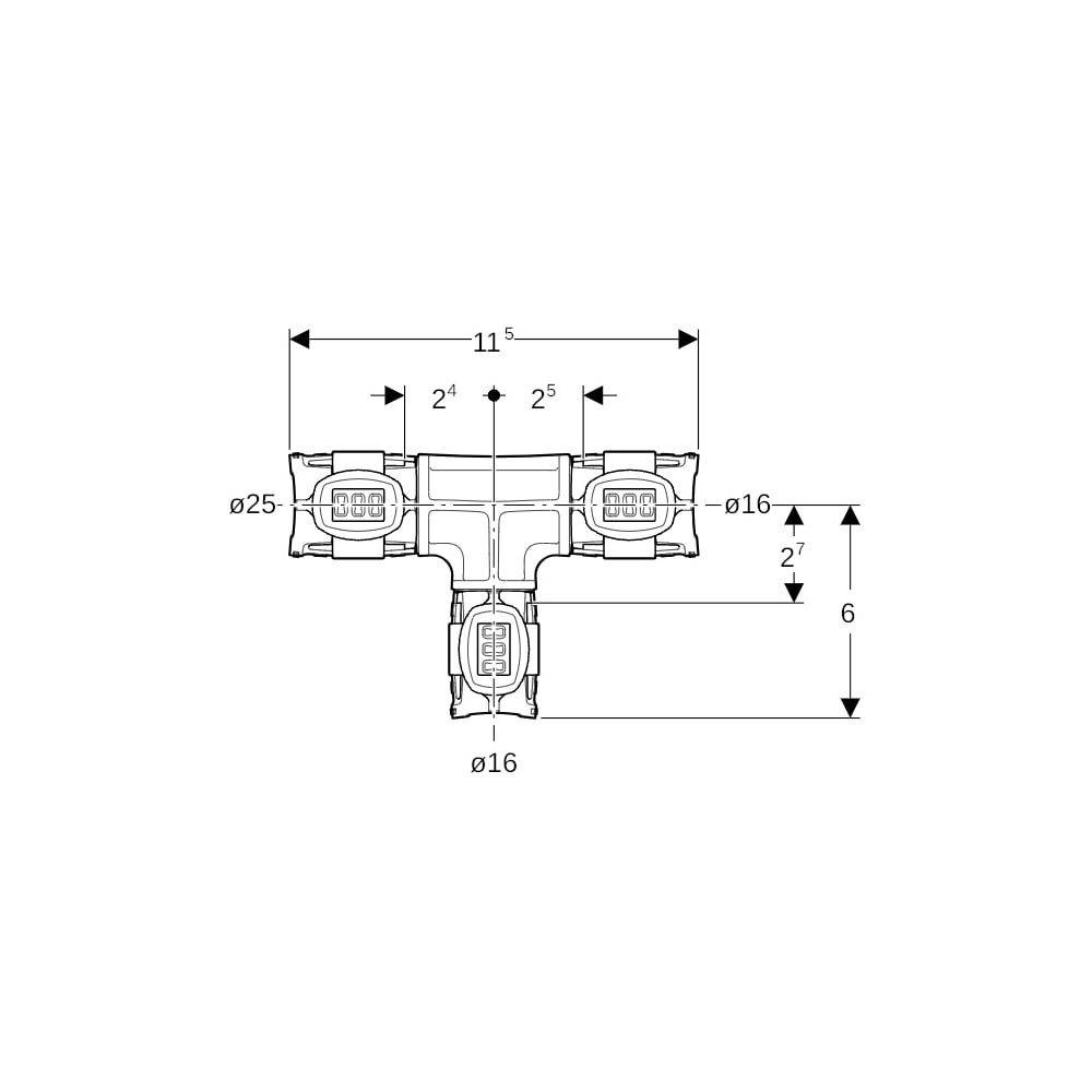 Geberit FlowFit T-Stück reduziert, D 25mm, D1 16mm, D2 PPSU, 620100001