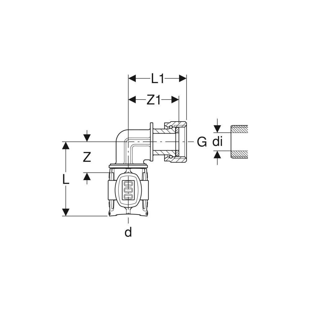 Geberit FlowFit Übergangsbogen 90 Grad mit Überwurfmutter bleifreie Siliziumbronze, D 16mm, ID 11mm, G 1/2"