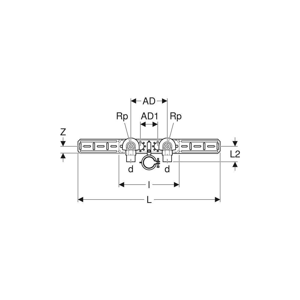 Geberit FlowFit Anschlusswinkel 90 Grad vormontiert, zweifach, abgesetzt, Ablaufrohrschelle D 20mm, Rp 1/2", L1 5,2cm,