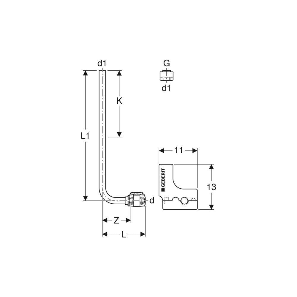 Geberit FlowFit Metallrohr-Anschlussbogen 90 Grad mit Anschlussverschraubung für Eurokonus D 20mm, D1 15mm, L1 30cm,