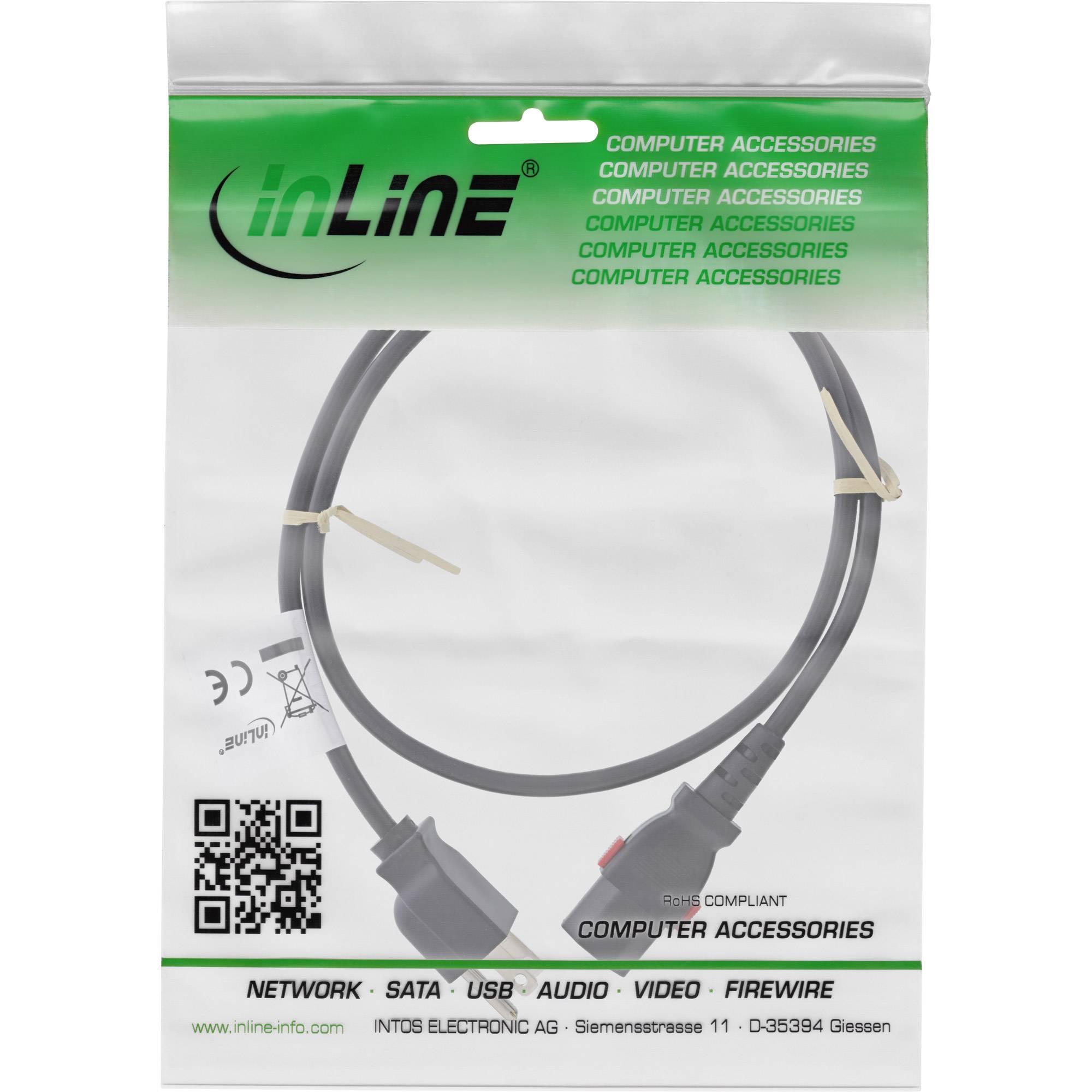 InLine® Netzkabel, Netzstecker USA auf Kaltgerätestecker C13 verriegelbar, 2m Kabel Stromkabel