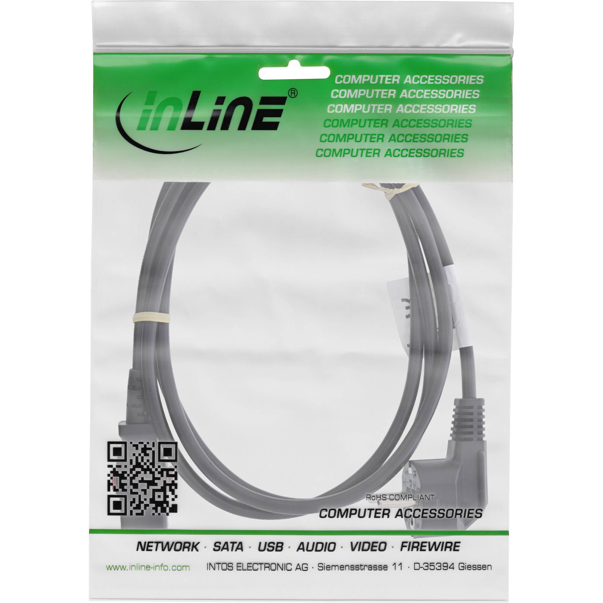 InLine® Netzkabel, Schutzkontakt gewinkelt auf C13 verriegelbar, 2m