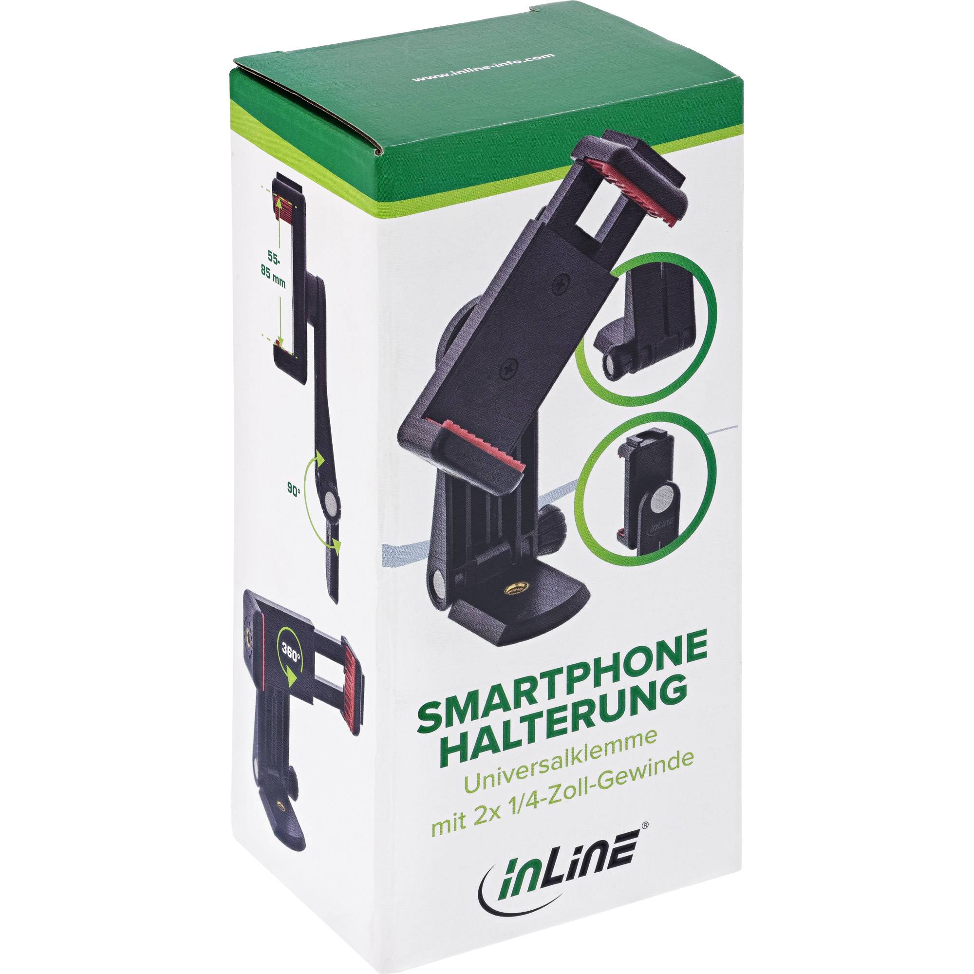 InLine® Smartphone Halterung, 55–85mm, 1/4 Gewinde & Kaltschuh, schwarz Schlösser / Stative