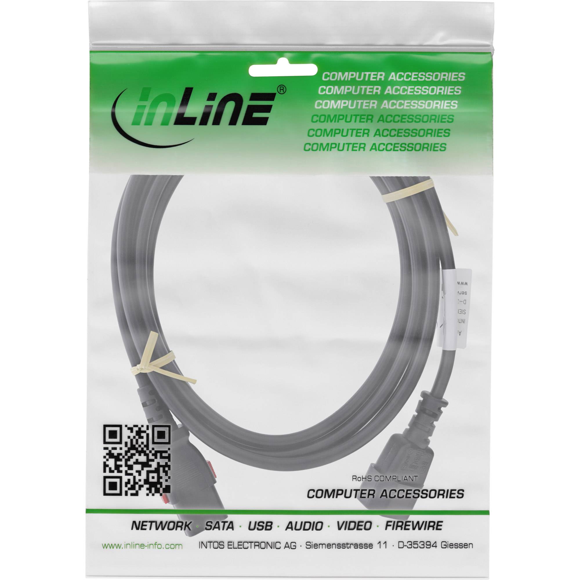 InLine® Kaltgeräteverlängerung, C13 verriegelbar auf C14, schwarz, 2m