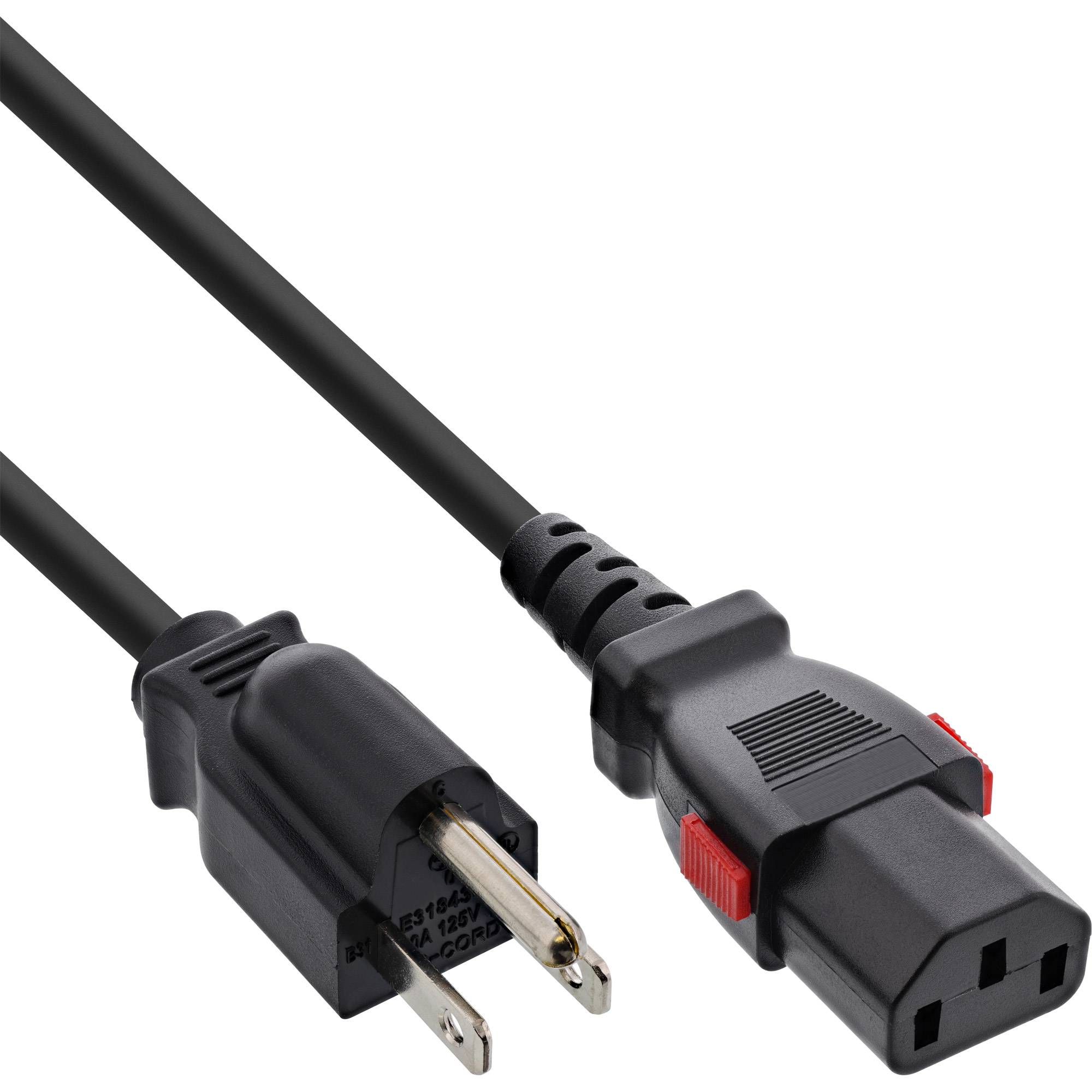 InLine® Netzkabel, Netzstecker USA auf Kaltgerätestecker C13 verriegelbar, 3m Kabel Stromkabel