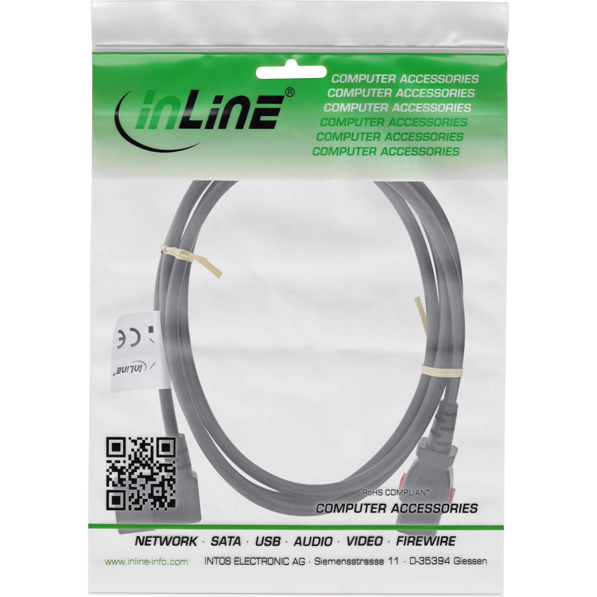 InLine® Kaltgeräteverlängerung, C13 verriegelbar auf C14 gewinkelt, schwarz, 3m