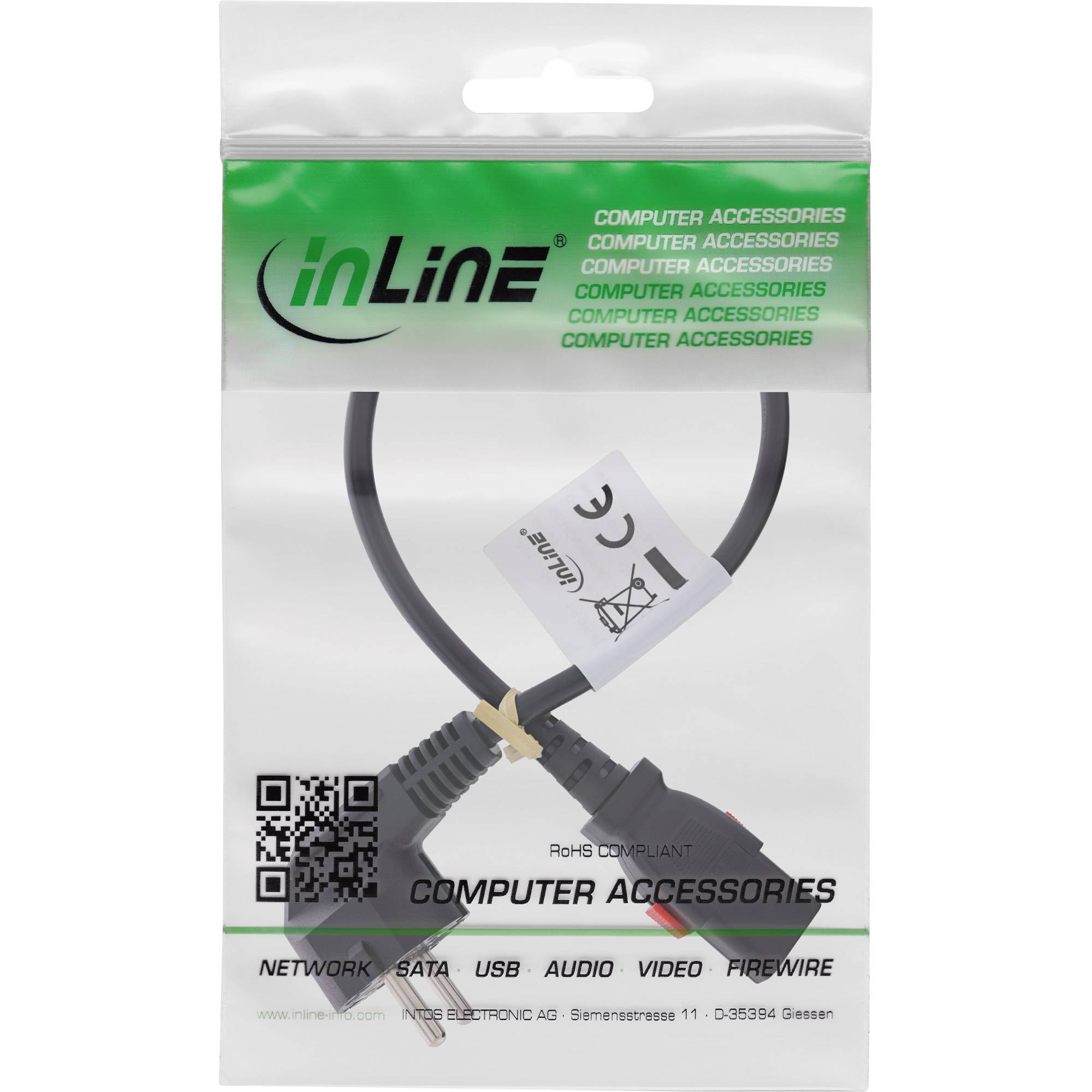 InLine® Netzkabel, Schutzkontakt gewinkelt auf C13 verriegelbar, 0,5m