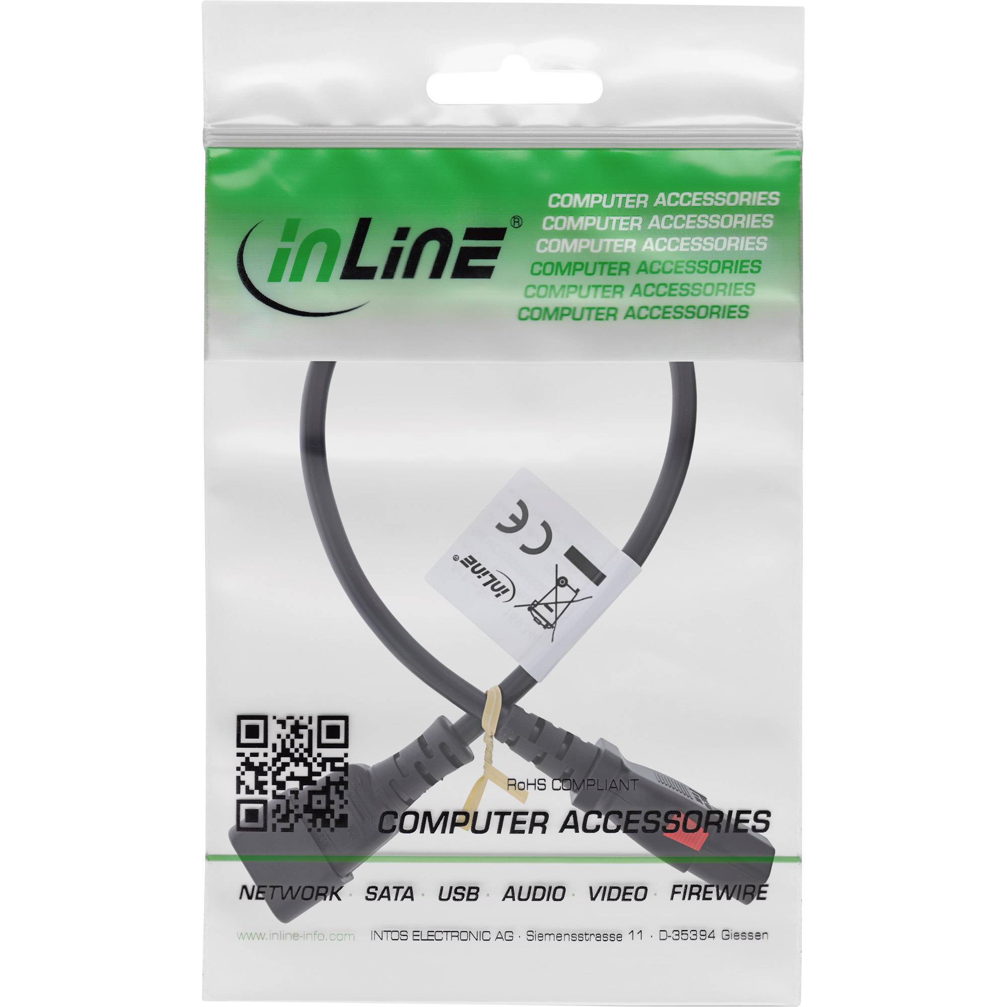 InLine® Kaltgeräteverlängerung, C13 verriegelbar auf C14, schwarz, 0,5m Kabel Stromkabel extern