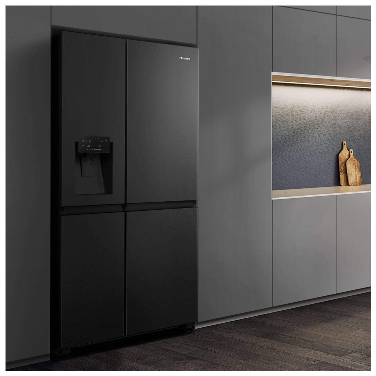 Hisense Side by Side RS818N4TFC ?R, Freistehend, Amerikanische Tür, Schwarz, Edelstahl, Berührung, LED, An Tür
