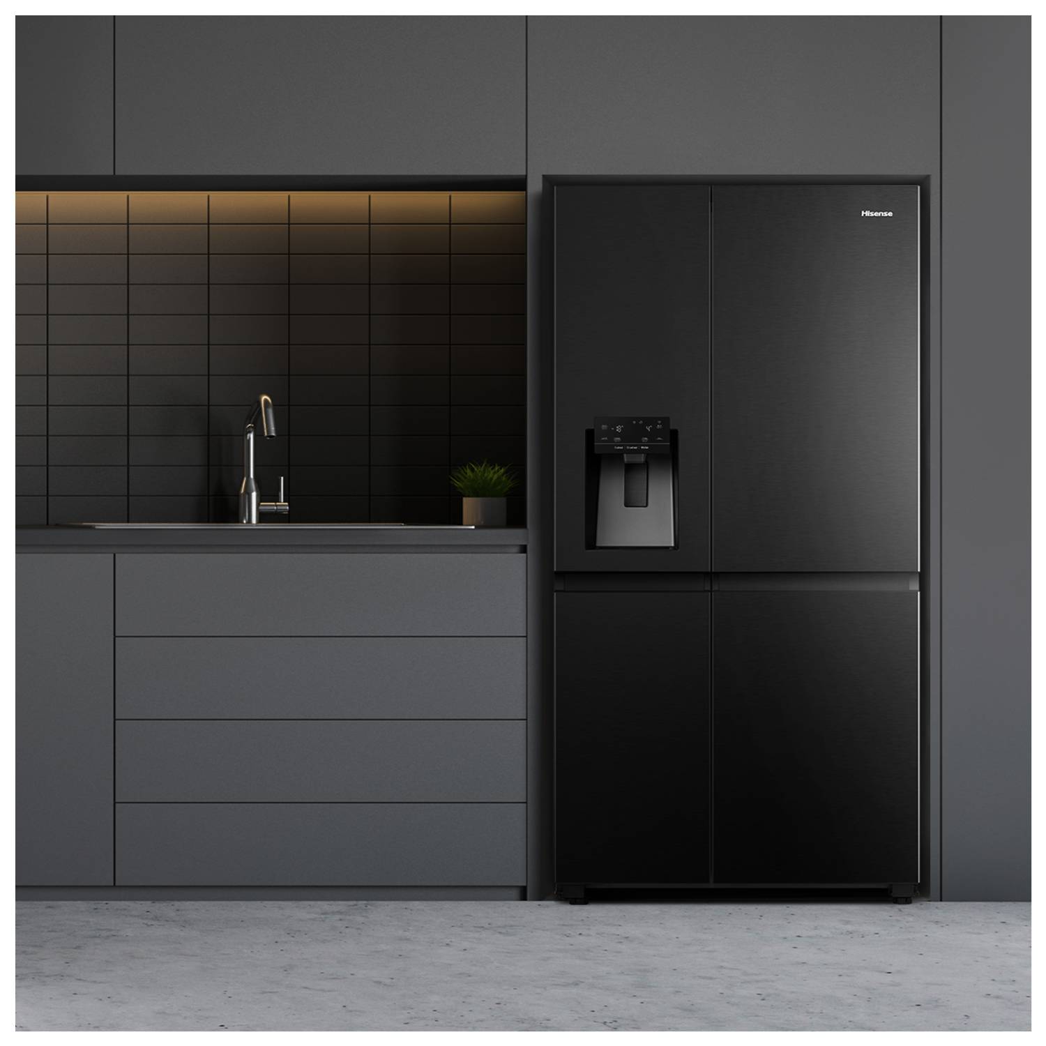 Hisense Side by Side RS818N4TFC ?R, Freistehend, Amerikanische Tür, Schwarz, Edelstahl, Berührung, LED, An Tür
