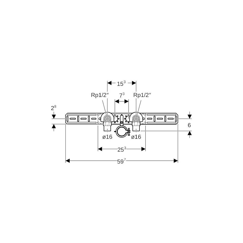 Geberit FlowFit Anschlusswinkel 90 Grad vormontiert, zweifach, abgesetzt, Ablaufrohrschelle D 16mm, Rp 1/2", L1 5,2cm,