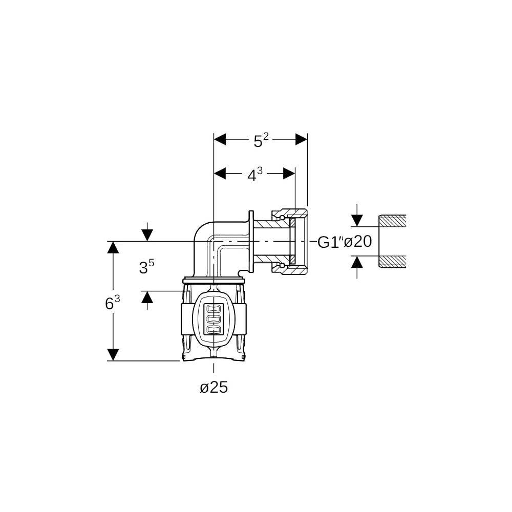 Geberit FlowFit Übergangsbogen 90 Grad mit Überwurfmutter bleifreie Siliziumbronze, D 25mm, ID 20mm, G 1"