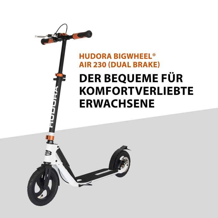 HUDORA BigWheel Air 230 Dual Brake, Universal, Klassischer Roller, Beide Geschlechter, 120 kg, 2 Rad/Räder, Schwarz, Wei