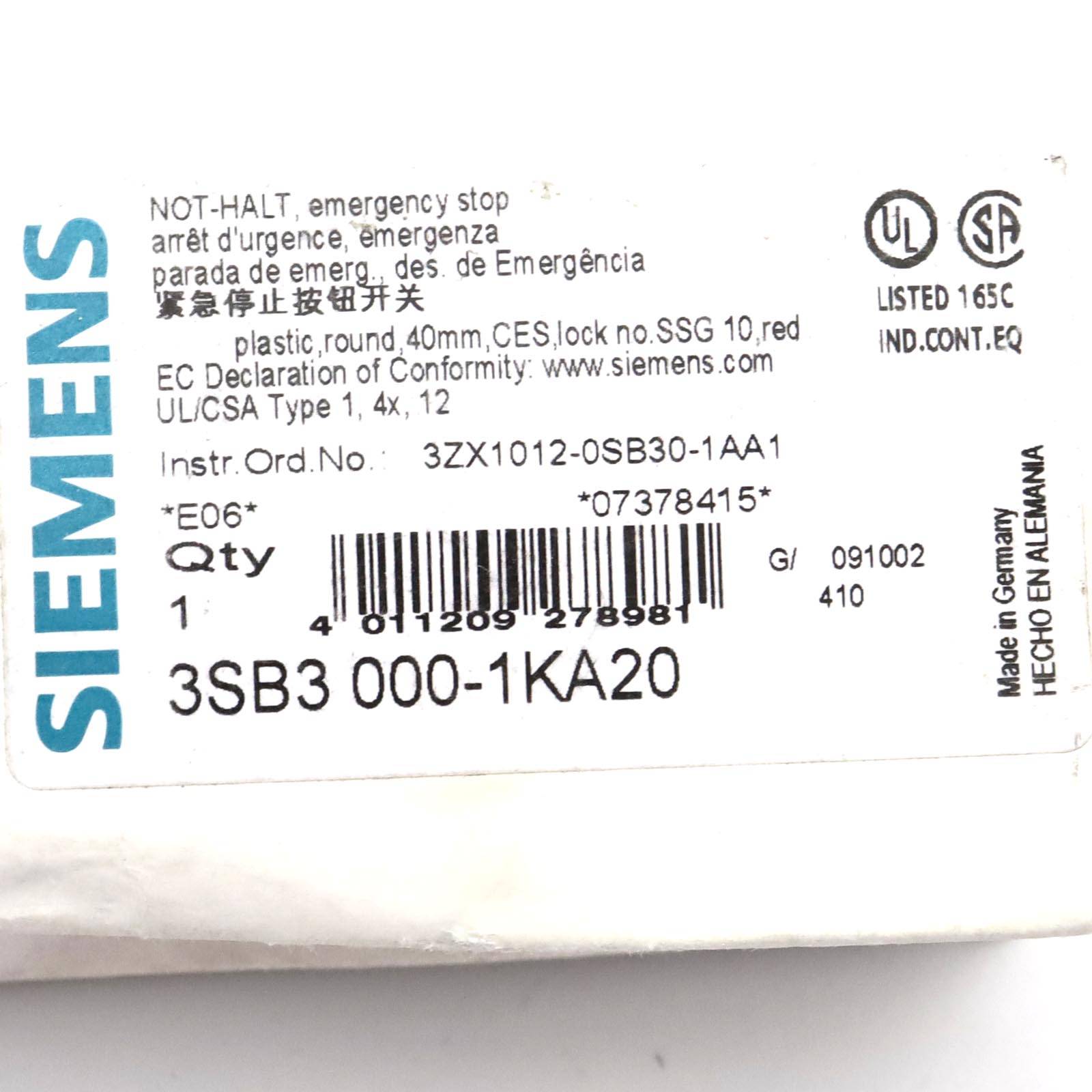 Siemens Not-Halt-Pilzdrucktaster 3SB3000-1KA20 OVP