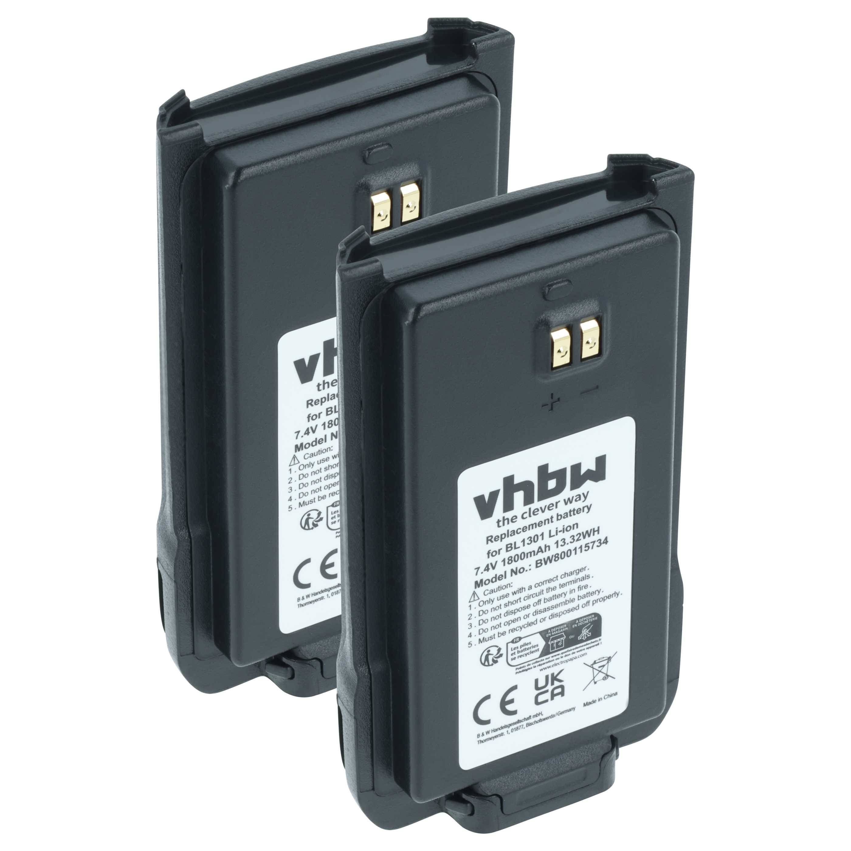 vhbw 2x Akku Ersatz für Hyt / Hytera BL2407, BL1301, BL1719 für Funkgerät, Walkie Talkie (1800 mAh, 7,4 V, Li-Ion)