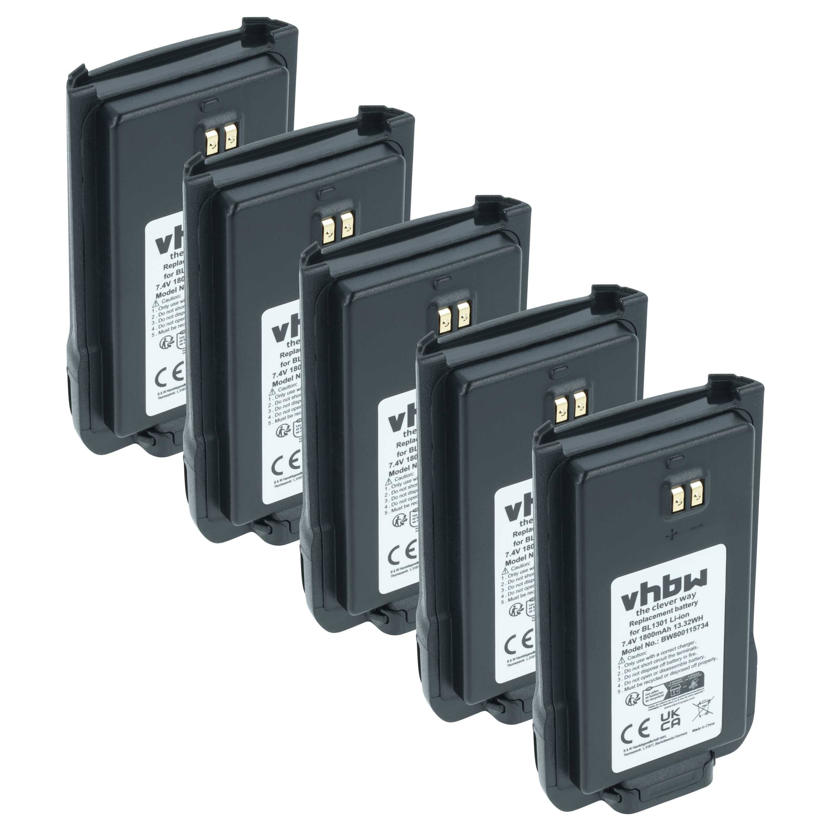vhbw 5x Akku Ersatz für Hyt / Hytera BL2407, BL1301, BL1719 für Funkgerät, Walkie Talkie (1800 mAh, 7,4 V, Li-Ion)