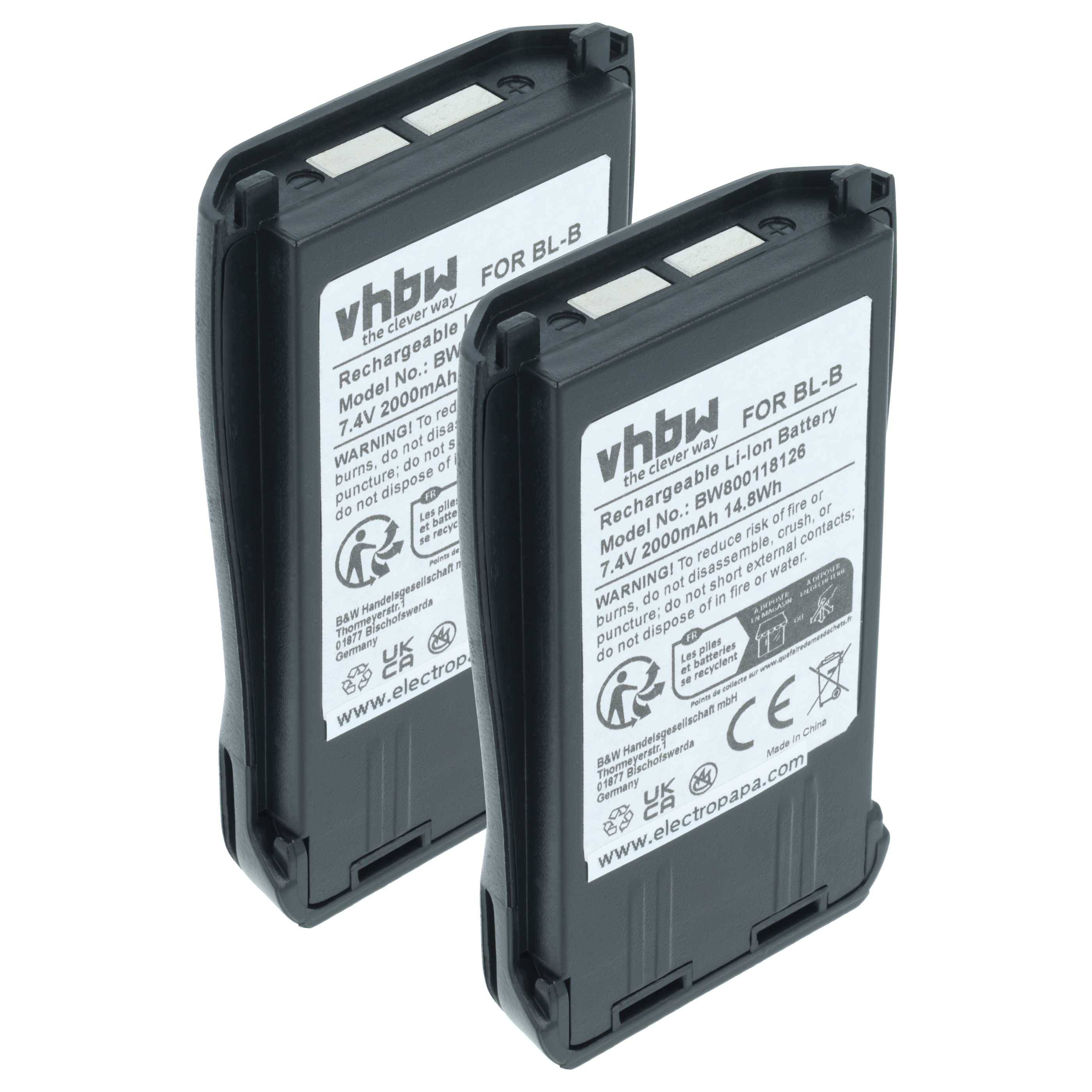 vhbw 2x Akku kompatibel mit Baofeng UV-B6, UV-B5 Funkgerät, Walkie Talkie (2000 mAh, 7,4 V, Li-Ion)