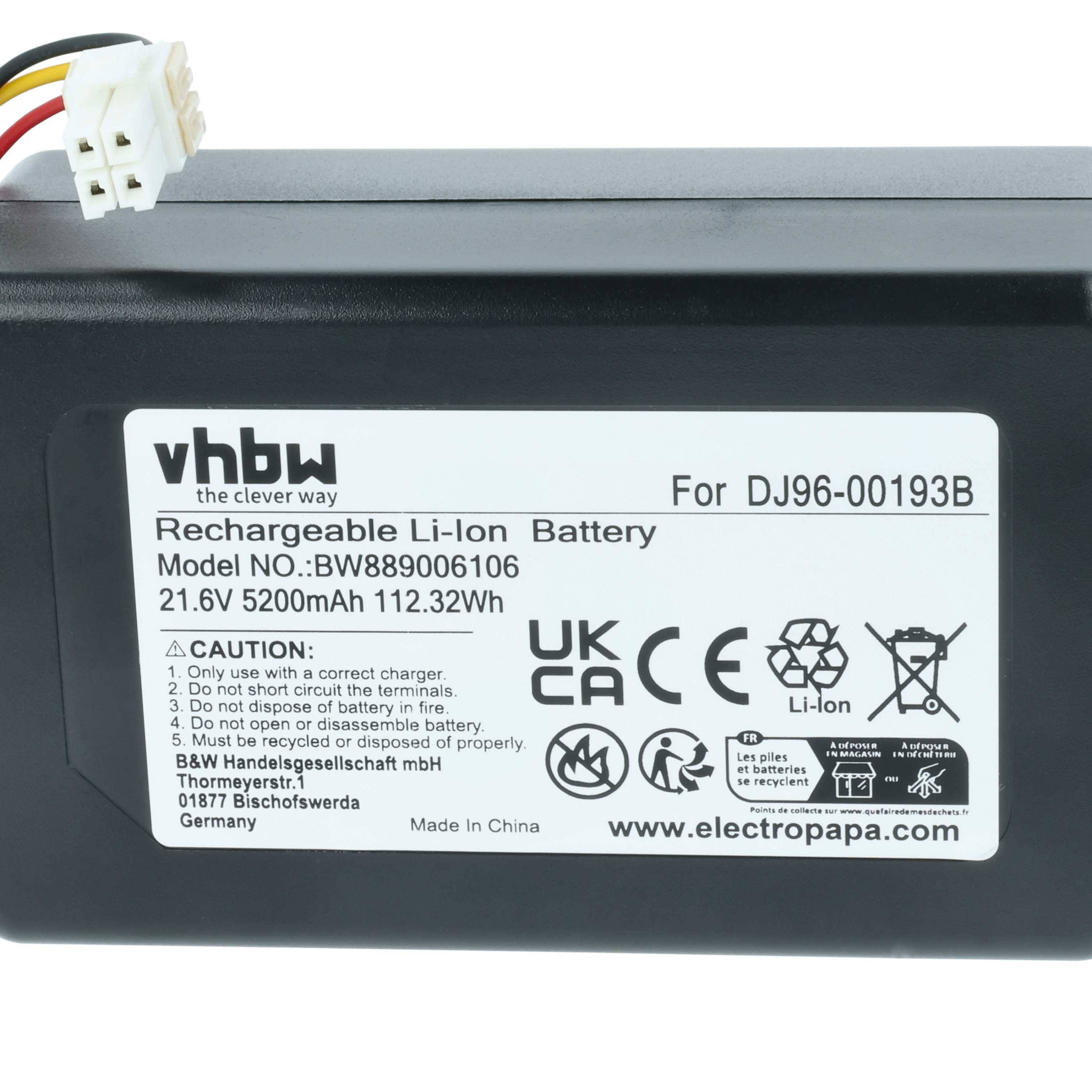 vhbw Akku kompatibel mit Samsung Powerbot VR2AJ9250WW/AA, VR2AM7065WS/AA, VR20M7070WS/SA Saugroboter (5,2 Ah, 21,6 V