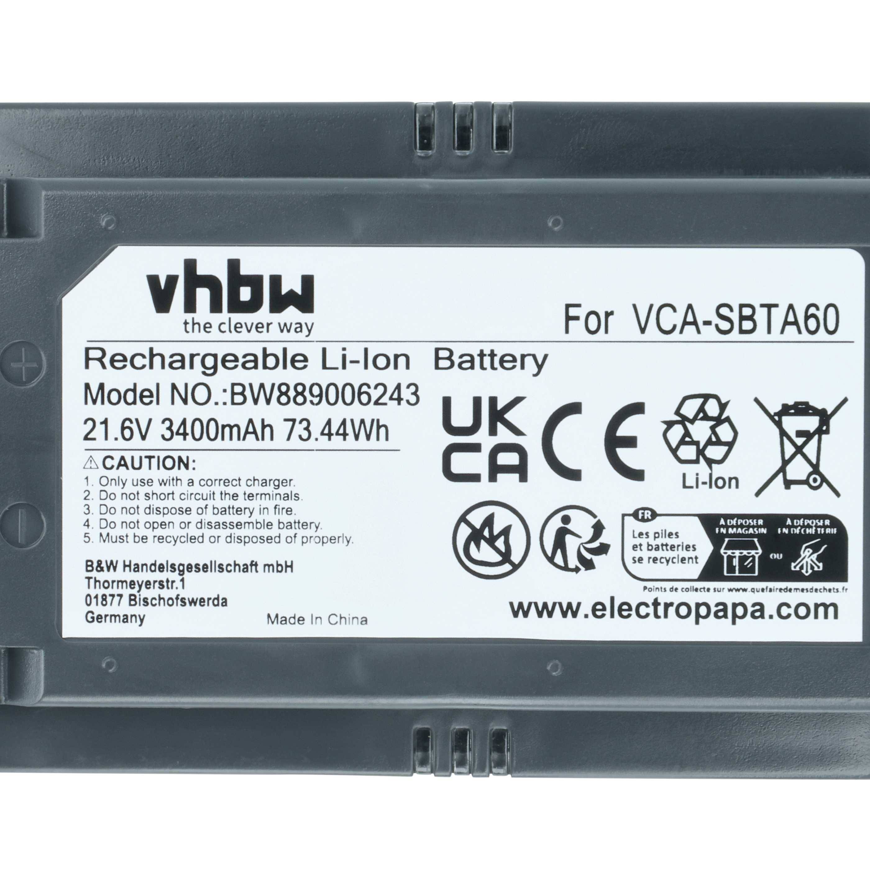 vhbw Akku Ersatz für Samsung 8806092219397, VCA-SBTA60 für Staubsauger (3,4 Ah, 21,6 V, Li-Ion)