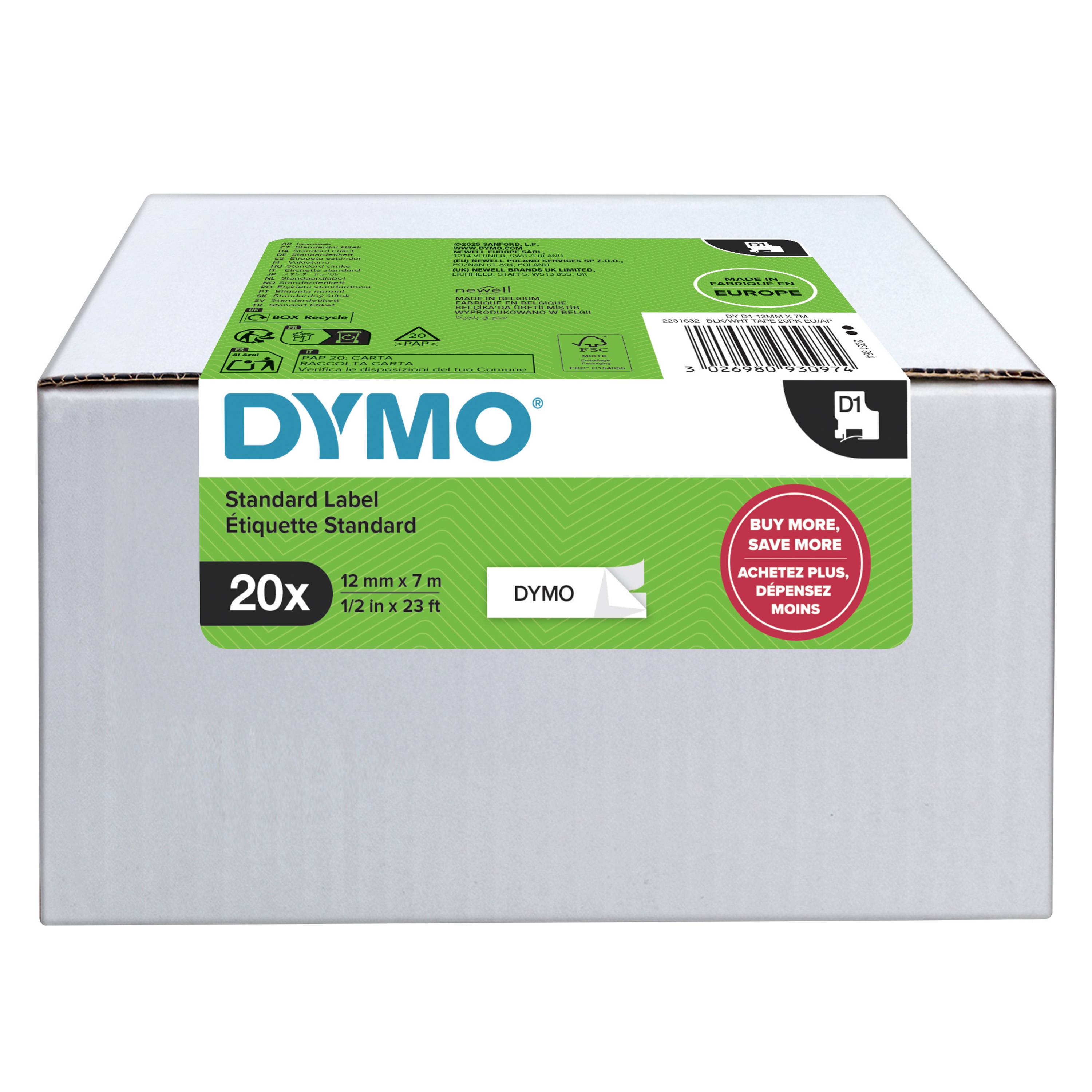 DYMO D1 Schriftbandkassette schwarz/weiß, 12 mm x 7 m, 20er
